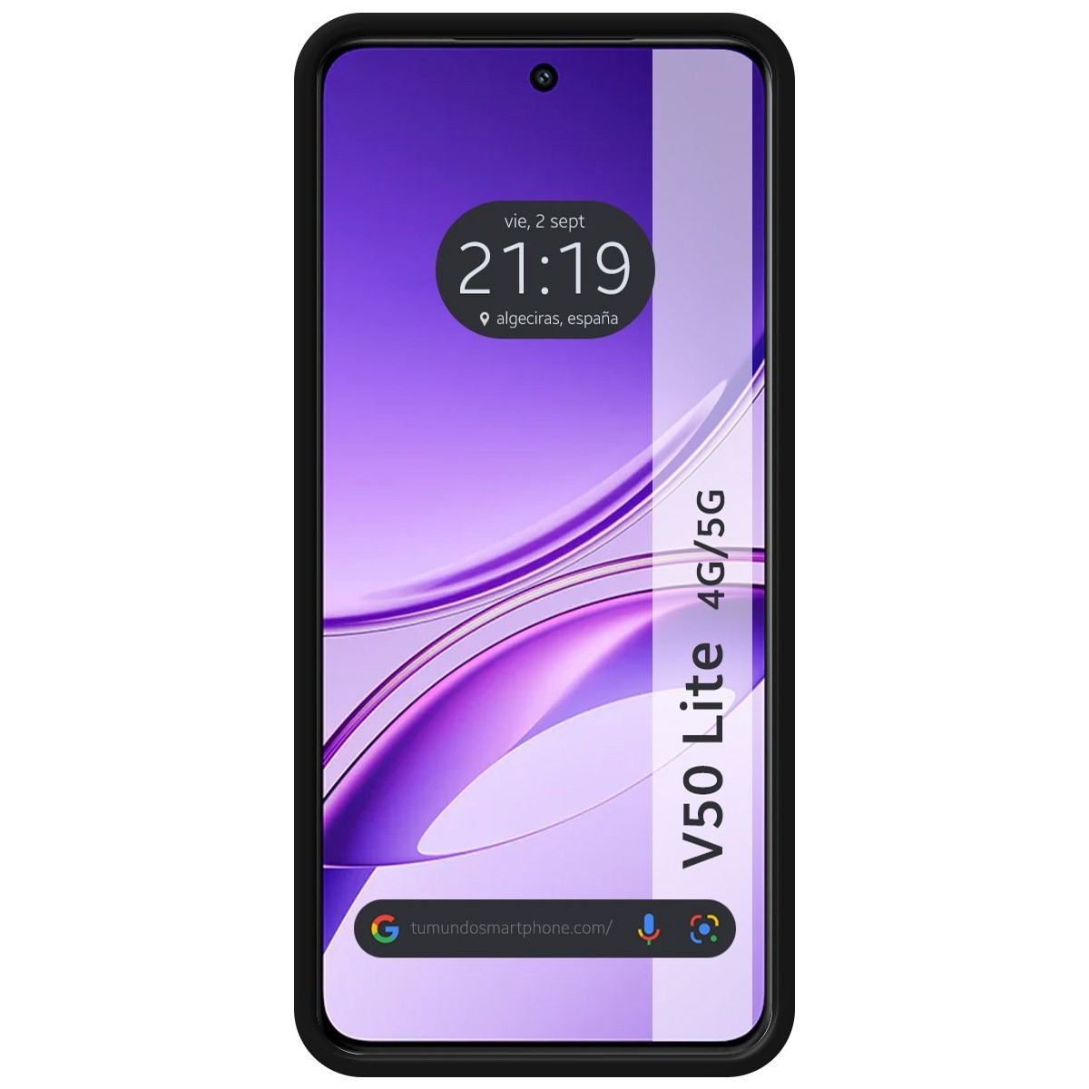 Schermo del telefono con data e ora, testo 'V50 Lite 4G/5G'.
