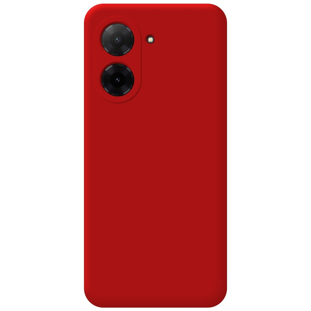 Custodia per telefono rossa. In alto a sinistra due obiettivi e un flash. Il resto è rosso liscio.