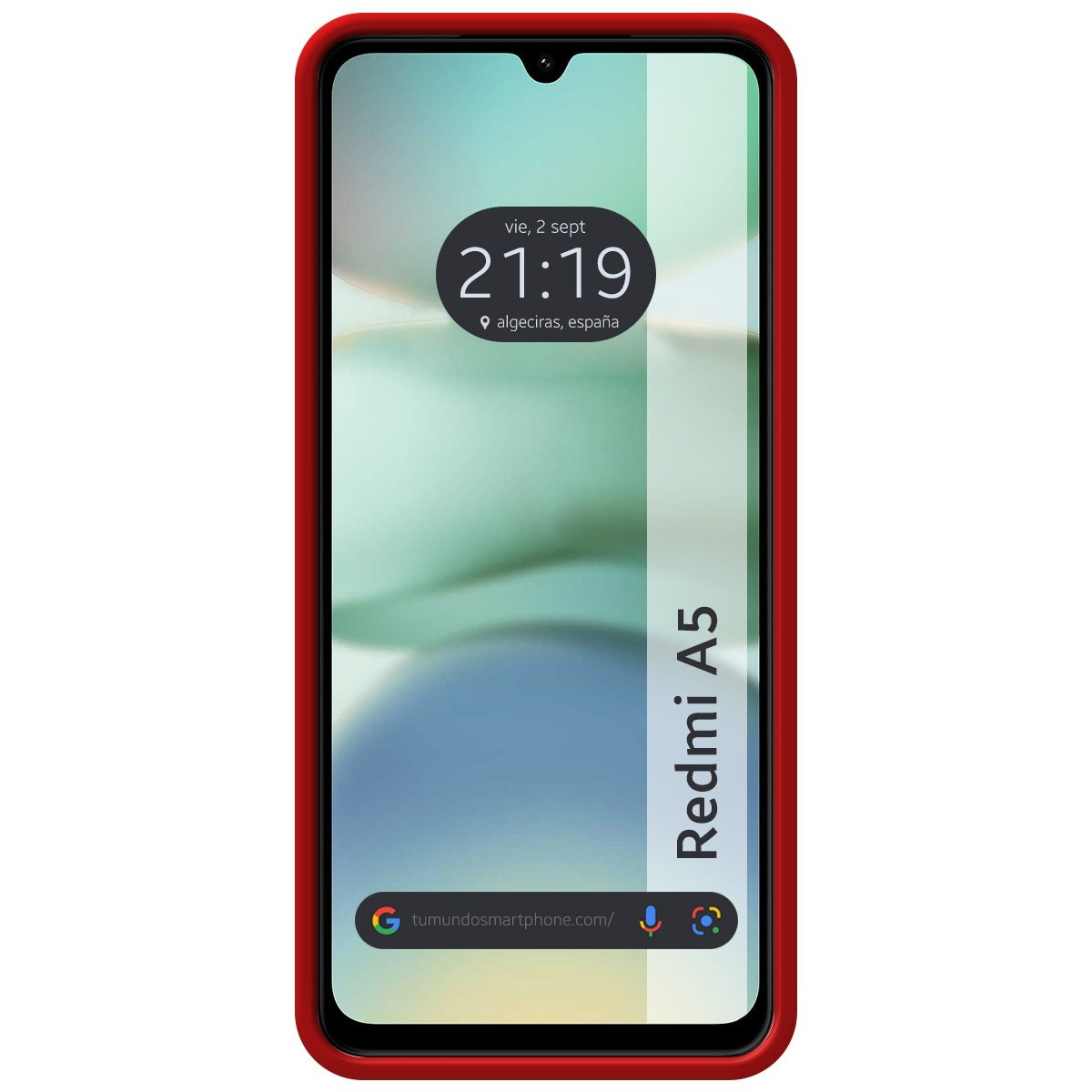 Schermo del telefono con data e ora, testo 'Redmi A5'.