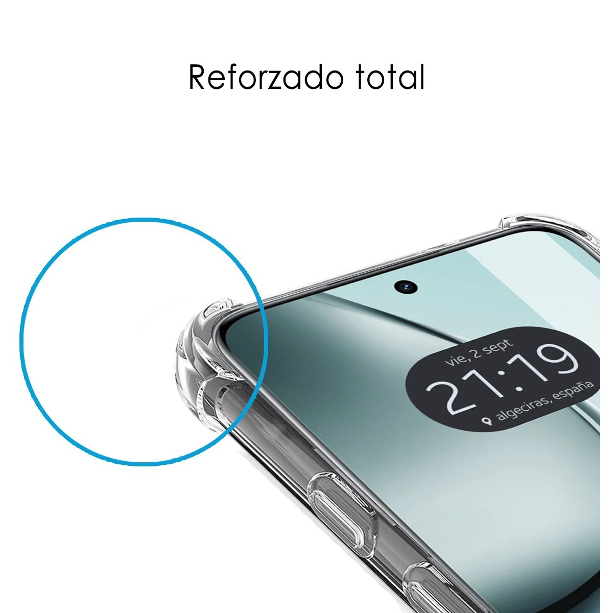 Un telefono in una custodia trasparente con l'ora visualizzata, primo piano.