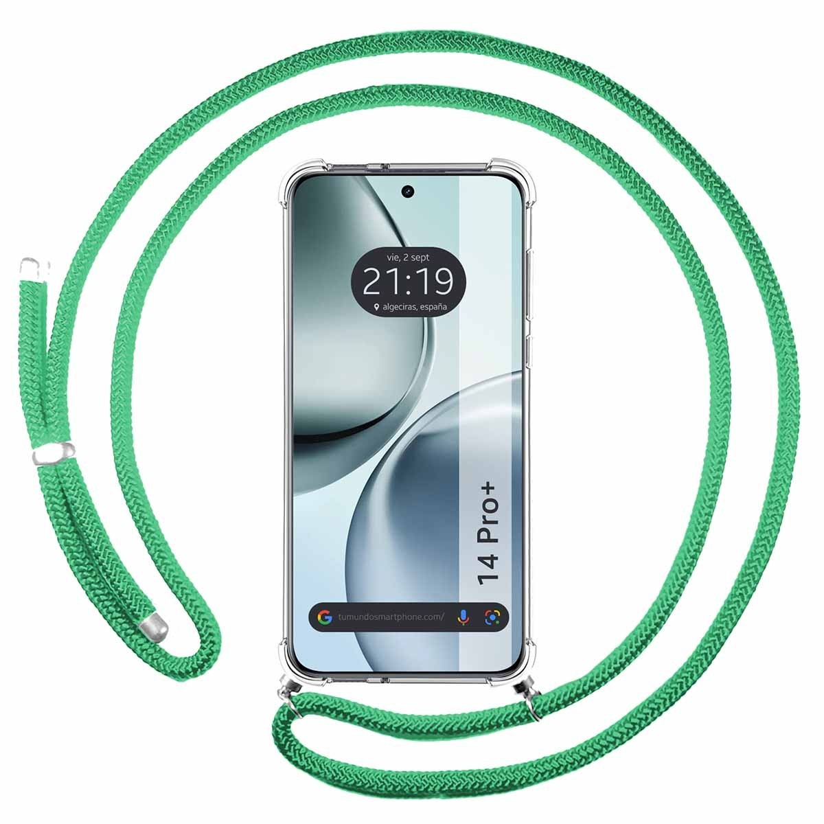 Custodia trasparente con corda verde. Il telefono mostra un'app. Corda verde. Sfondo bianco.