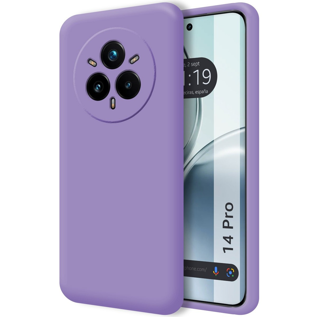 Custodia per telefono viola con design della fotocamera circolare e un telefono.