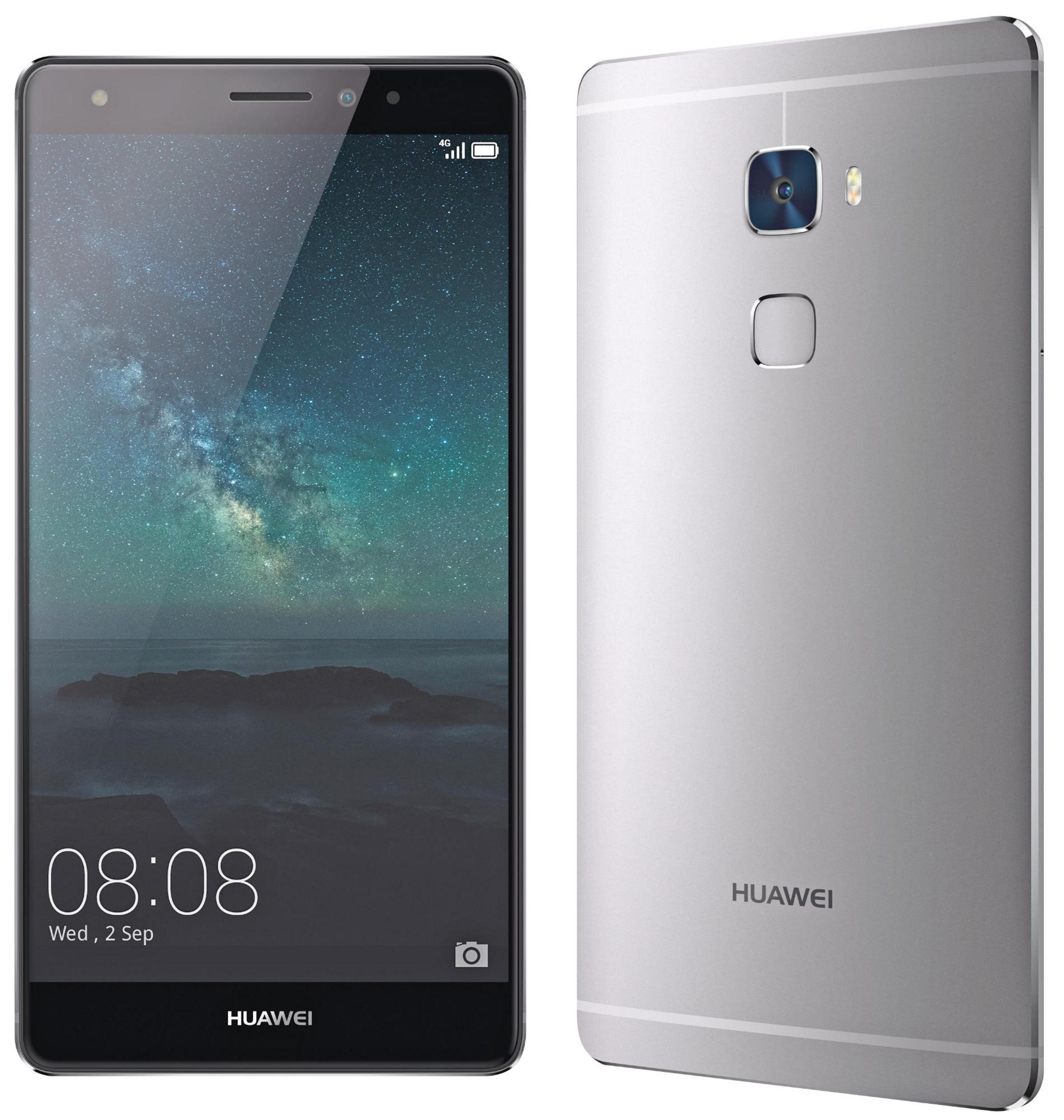 Due smartphone argentati, uno mostra la parte anteriore e l'altro la parte posteriore. Entrambi hanno il logo Huawei.
