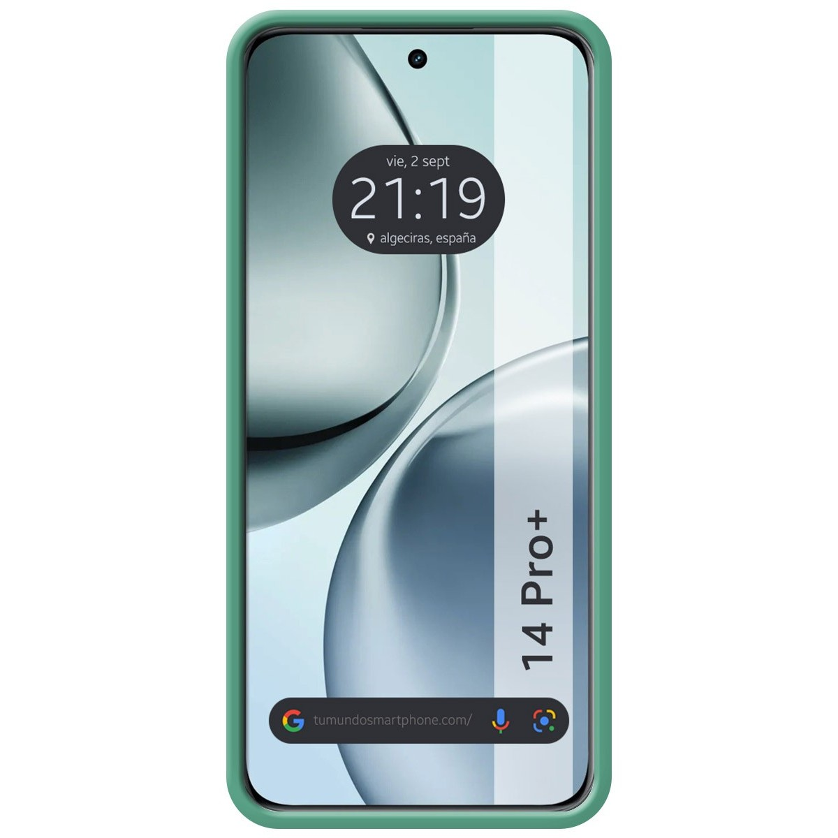 Smartphone con custodia verde che mostra ora e data, con indirizzo web, su sfondo bianco.
