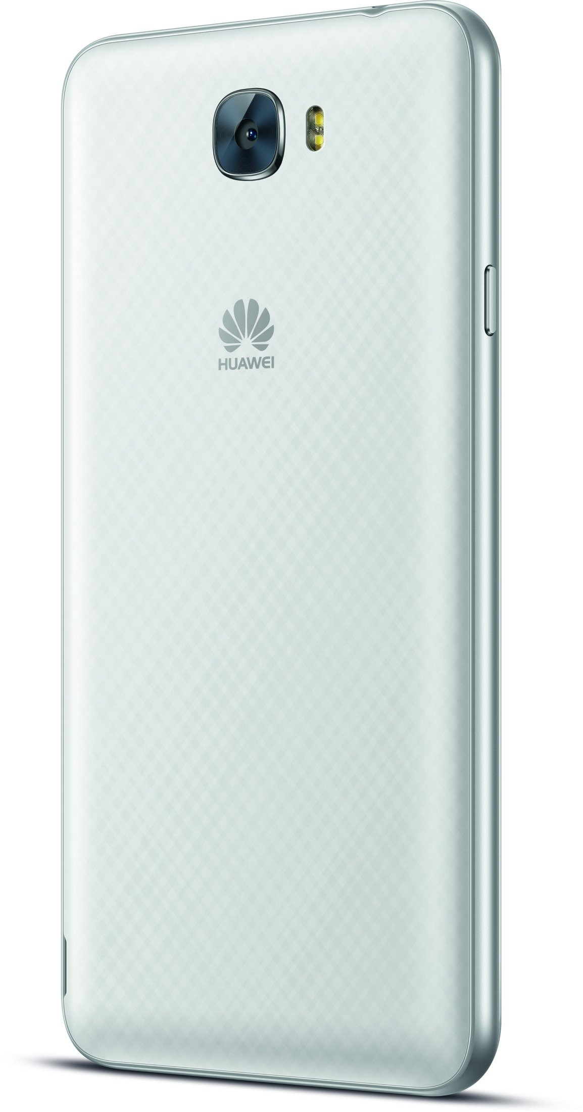 Die Rückseite eines weißen Telefons mit Kamera und Huawei-Logo.