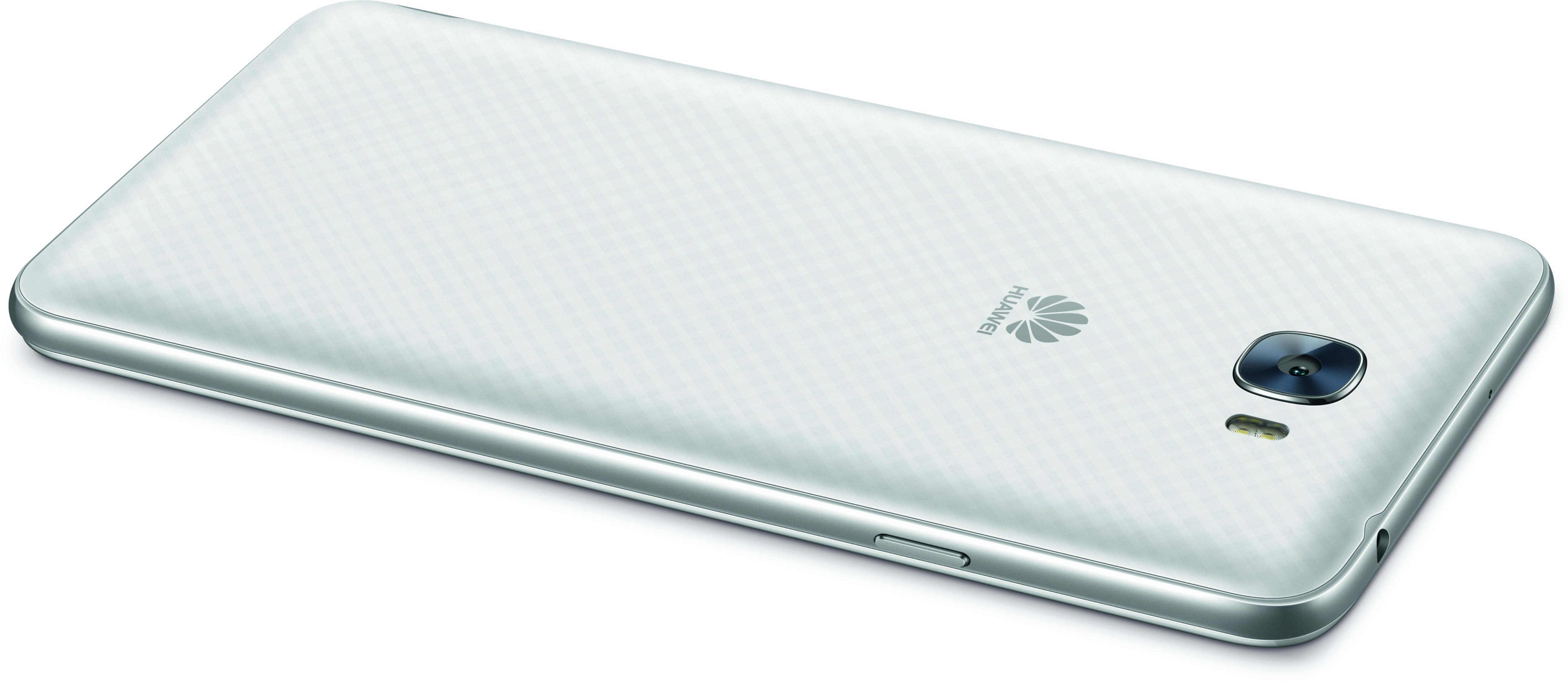 Weißes Smartphone auf weißem Hintergrund. Die Rückseite des Telefons ist mit Kamera und Logo sichtbar.