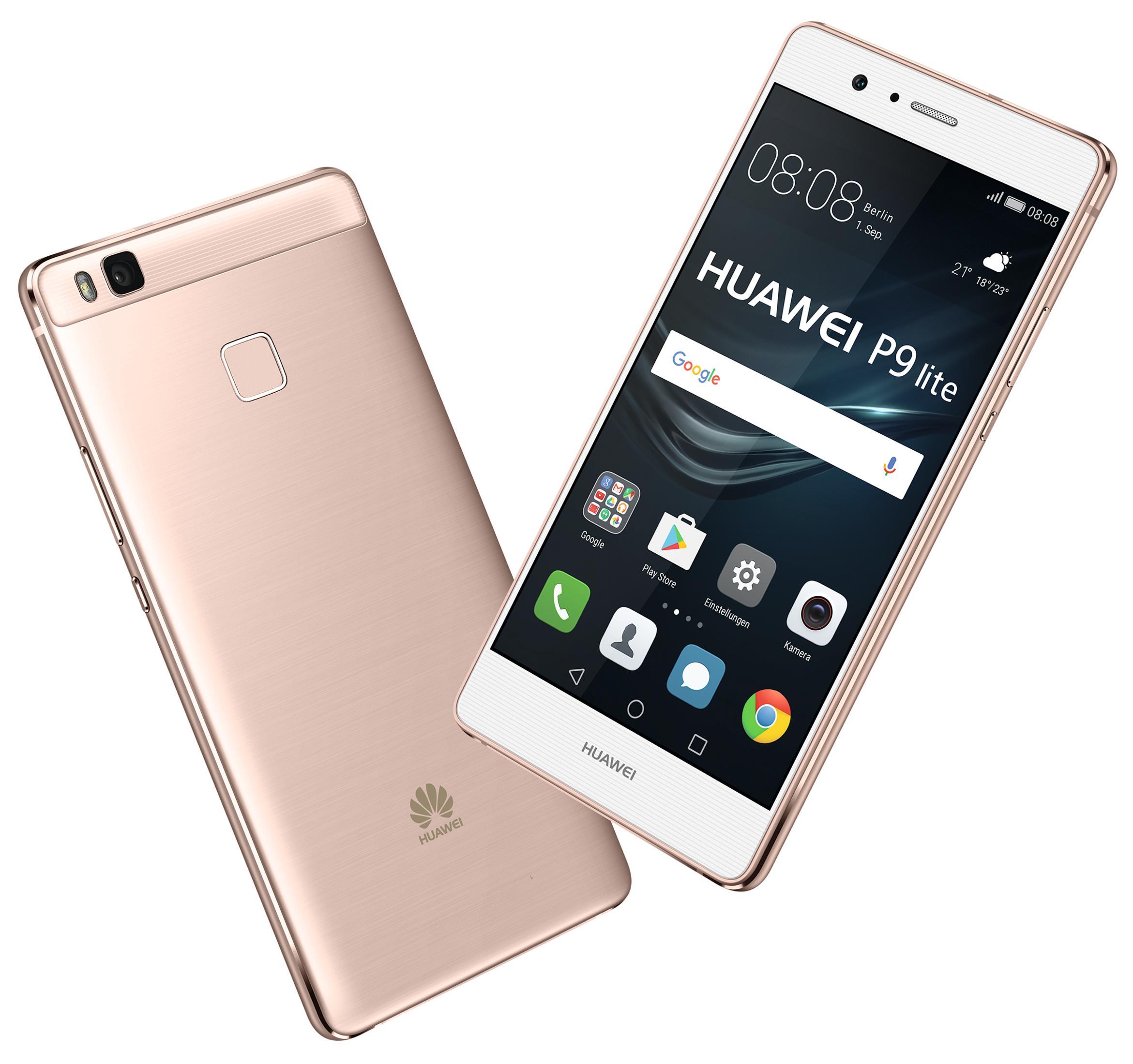 Zwei goldfarbene Huawei P9 lite Telefone vor weißem Hintergrund. Eines zeigt den Bildschirm.