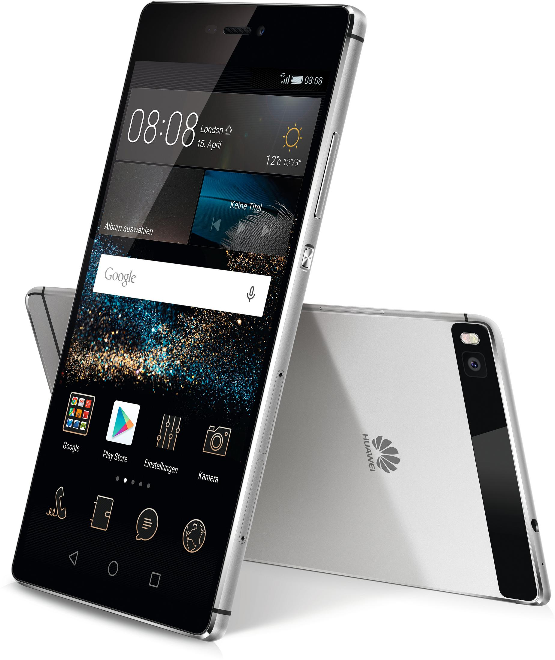 Zwei silberne Telefone mit Huawei-Logo und Bildschirmanzeige auf weißem Hintergrund.