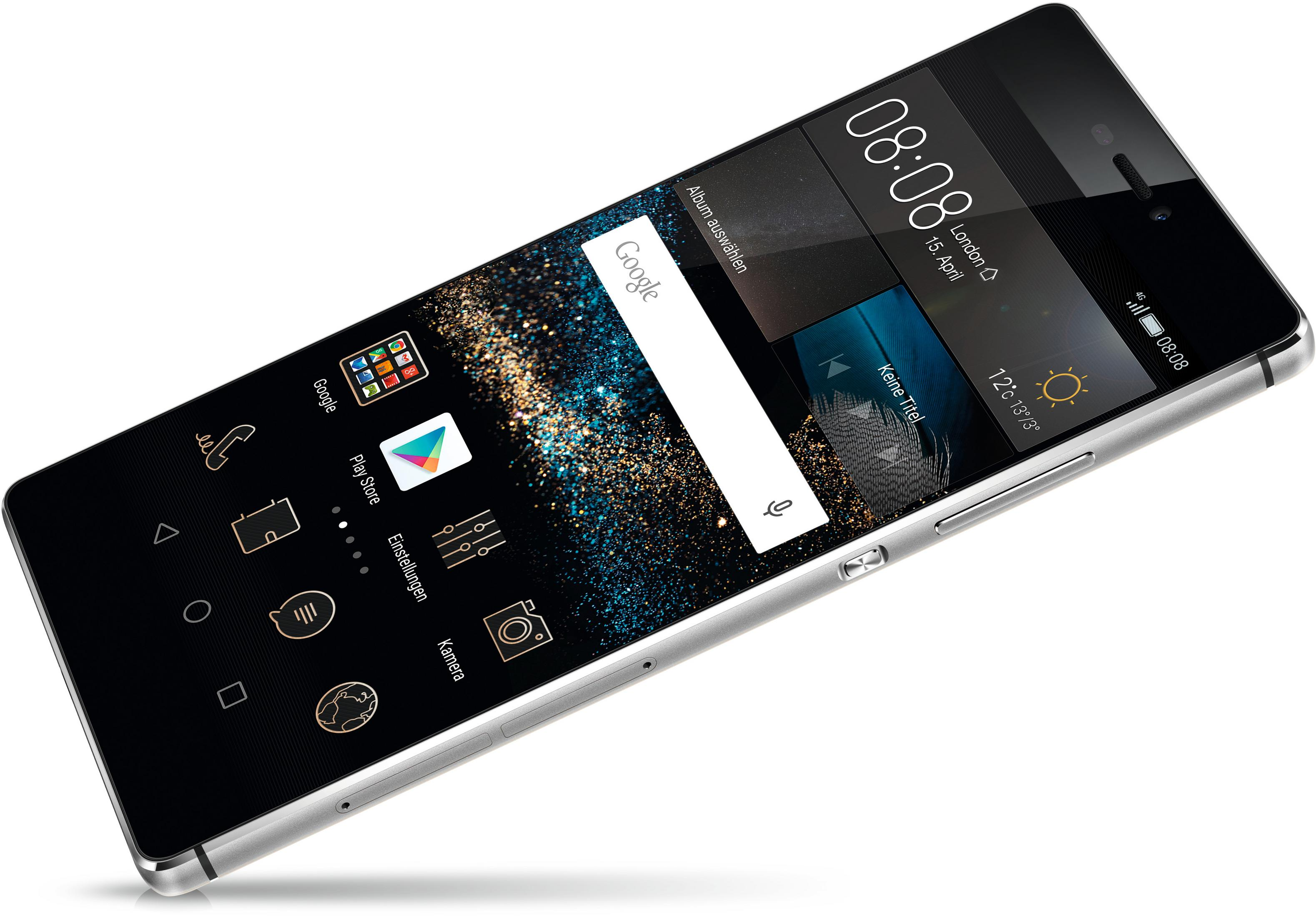 Ein schwarzes Smartphone mit silbernem Rahmen, das App-Symbole und die Uhrzeit anzeigt.