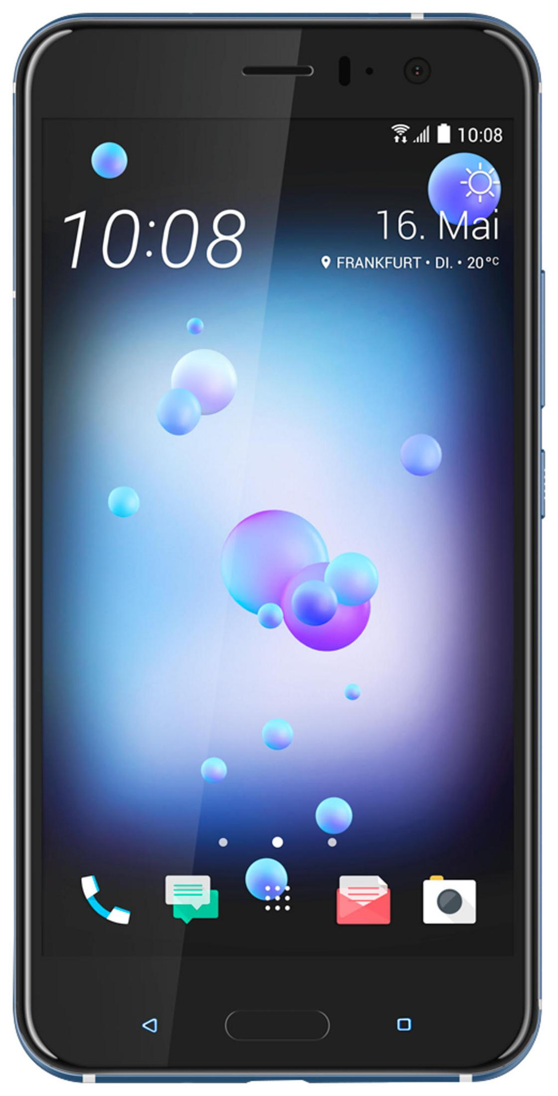 Ein blaues Smartphone zeigt Uhrzeit, Datum und Wetter an. Auf dem Bildschirm sind Blasen zu sehen.