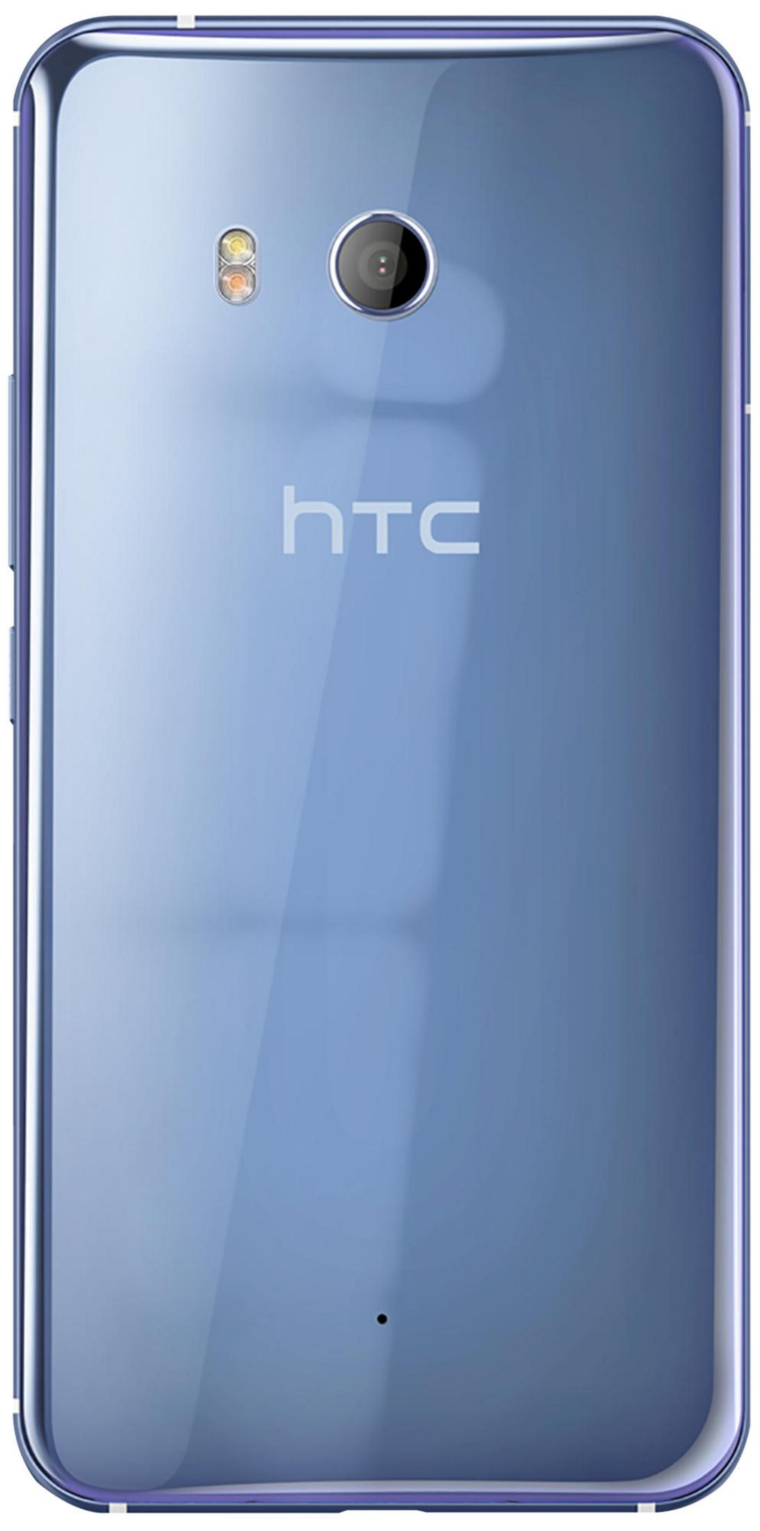 Die Rückseite eines HTC-Telefons. Das Telefon hat eine blaue Farbverlaufsfarbe und eine Kamera.