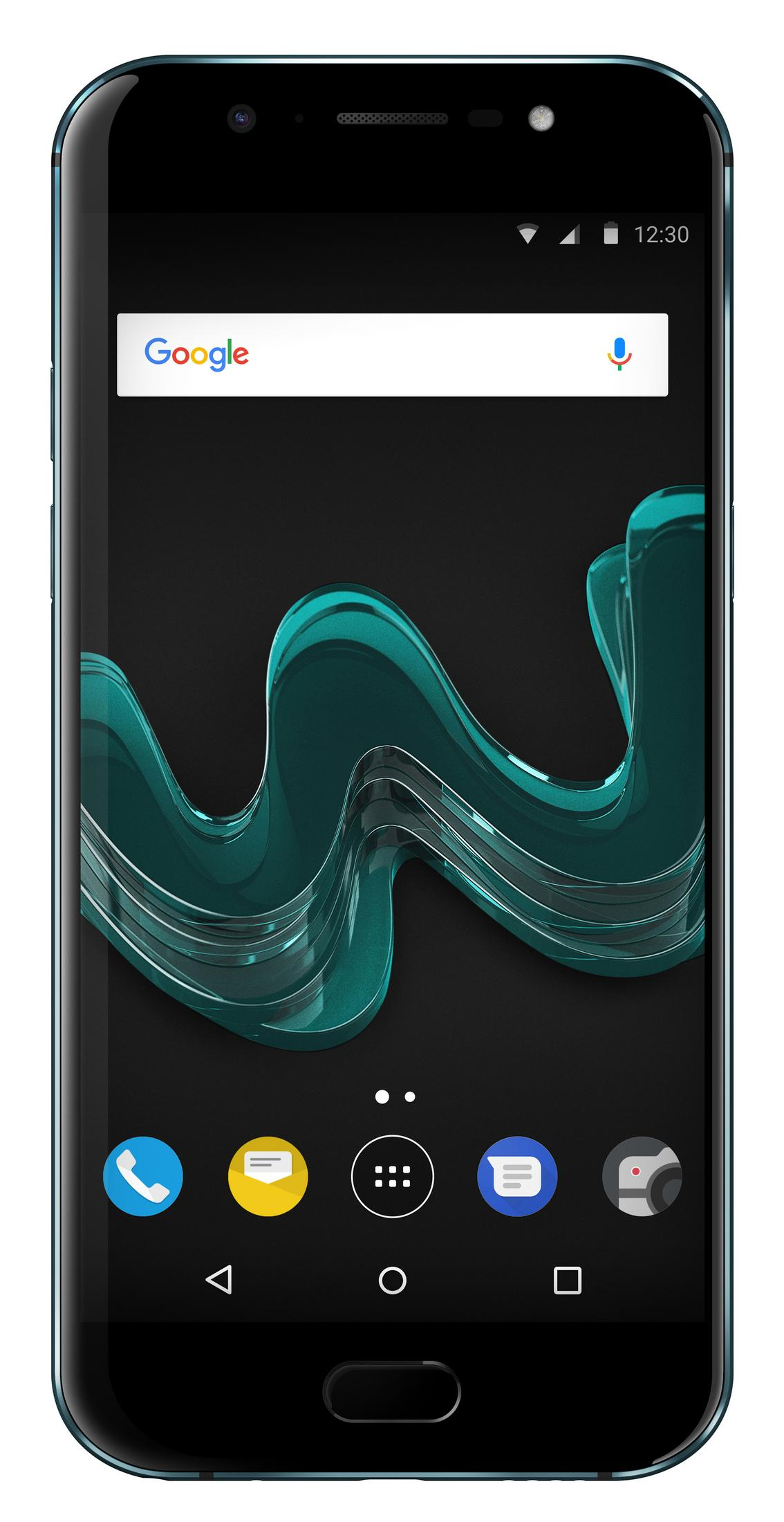 Telefono nero con barra di ricerca Google sulla schermata iniziale e icone delle app in basso.