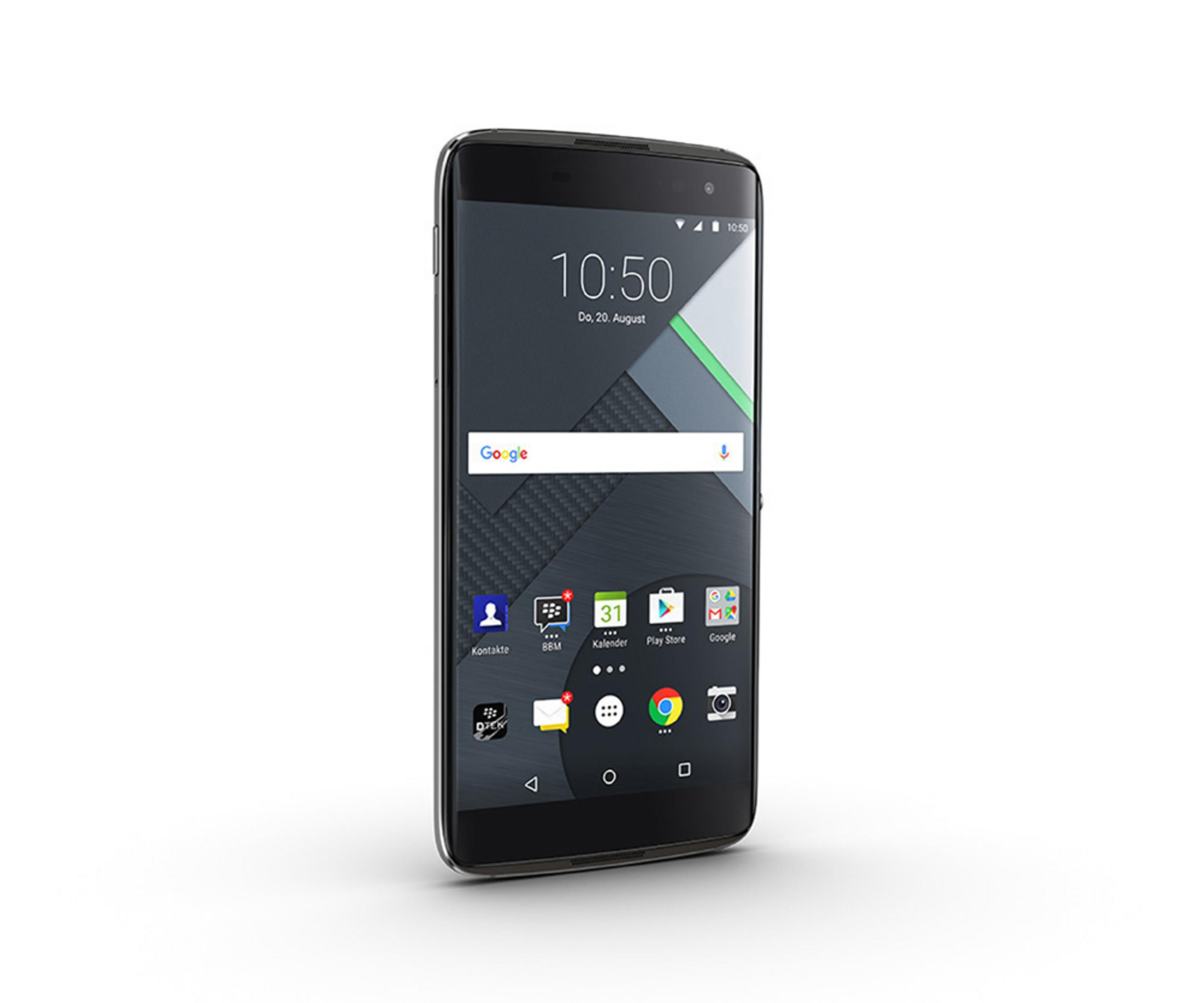 Schwarzes Smartphone mit großem Bildschirm, zeigt Zeit und Google-Suchleiste.