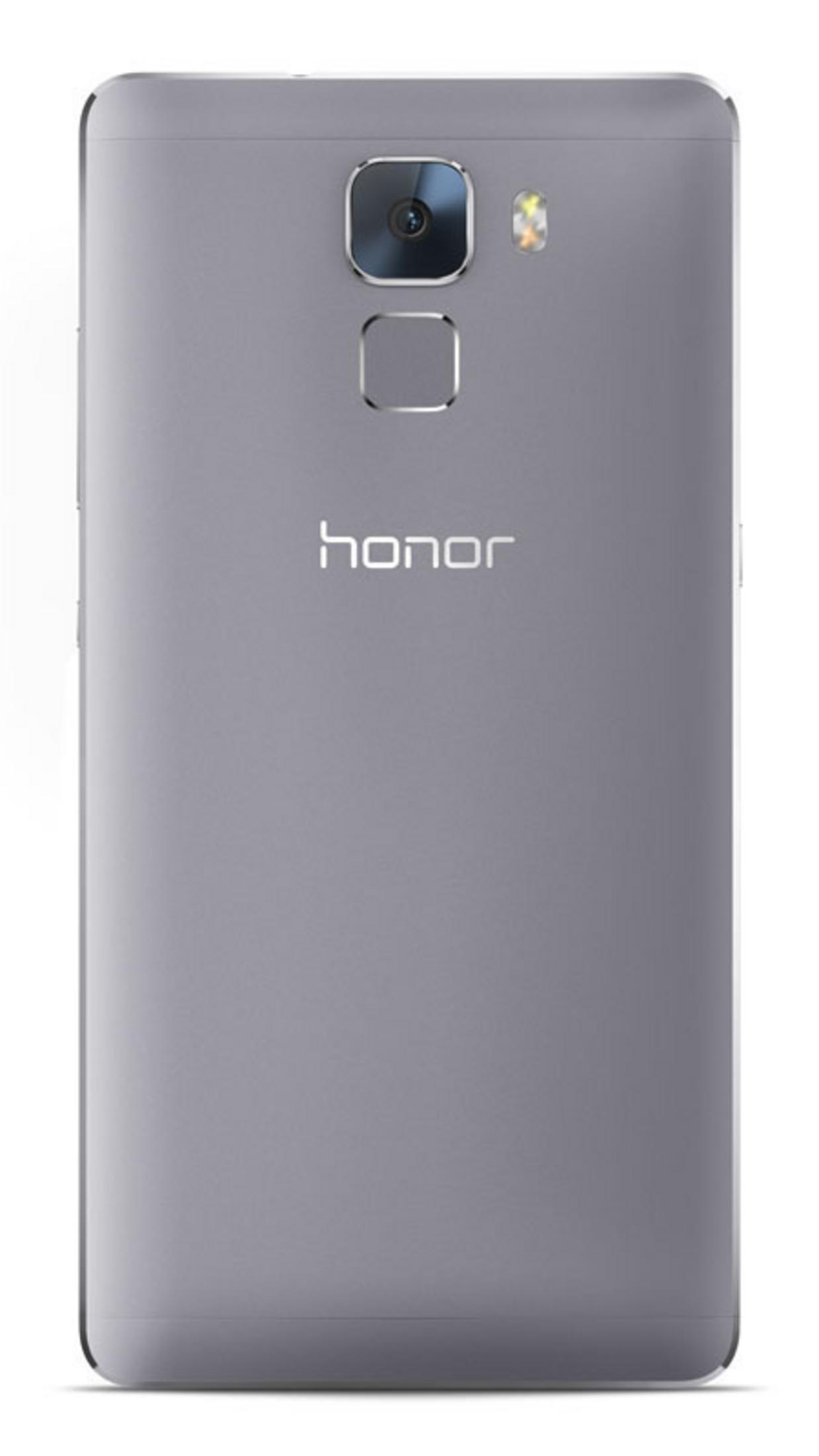 Graue Honor-Telefonrückseite. Mit Kamera, Blitz und Logo.