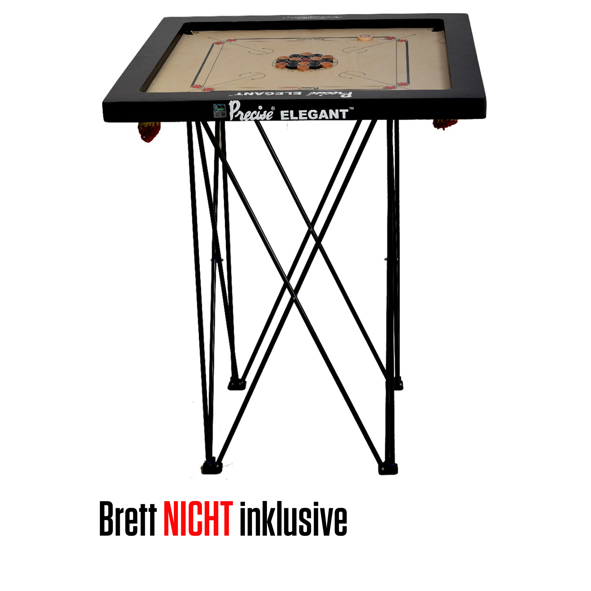 Ein Carrom-Board-Tisch mit schwarzem Rahmen und Beinen und dem Text 'Brett NICHT inklusive'.
