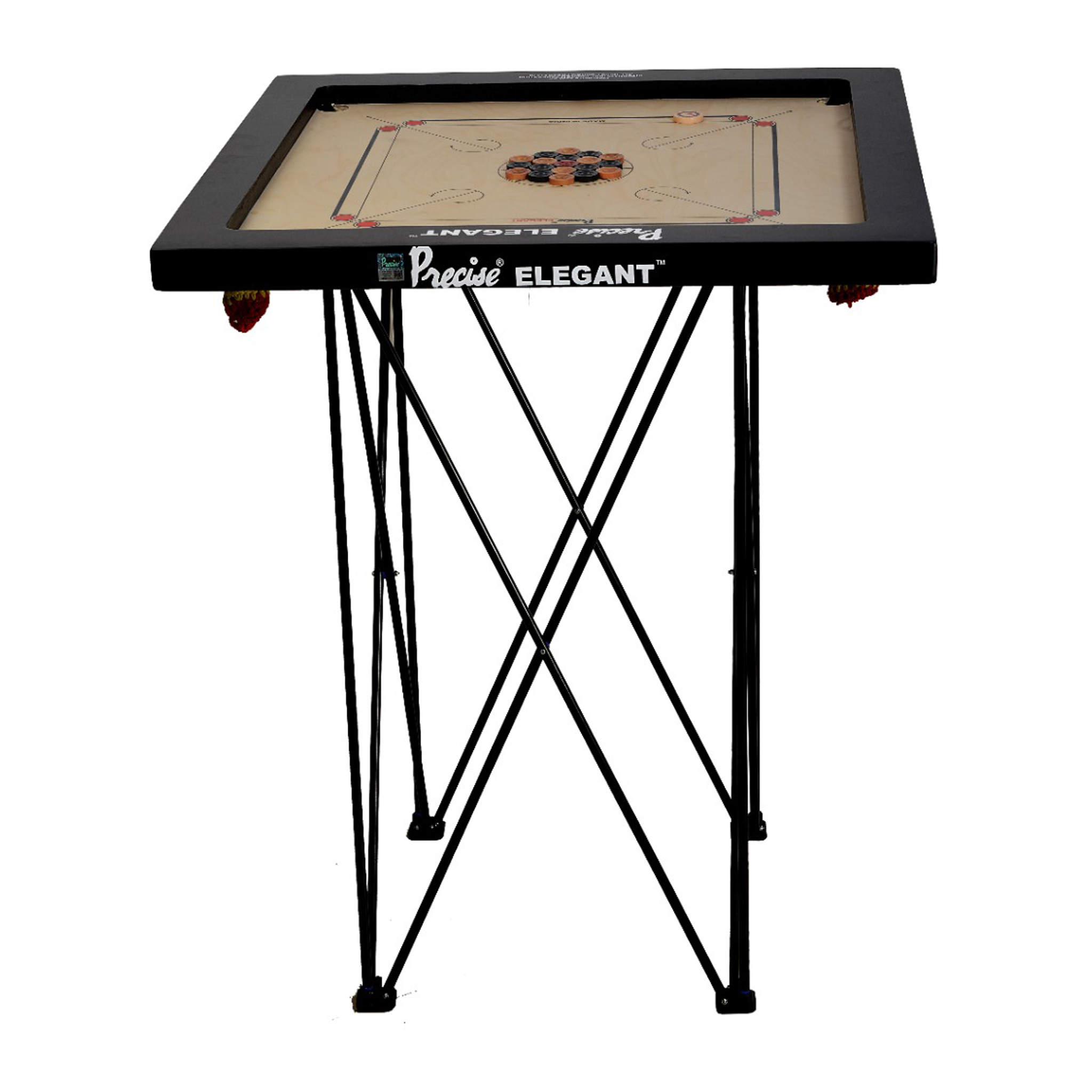 Ein Carrom-Board-Tisch mit schwarzem Rahmen und Beinen, mit Münzen in der Mitte.