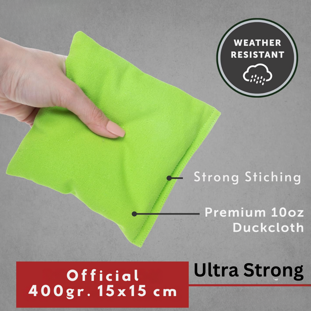 Grüner Sitzsack mit Text darauf, von einer Hand gehalten.