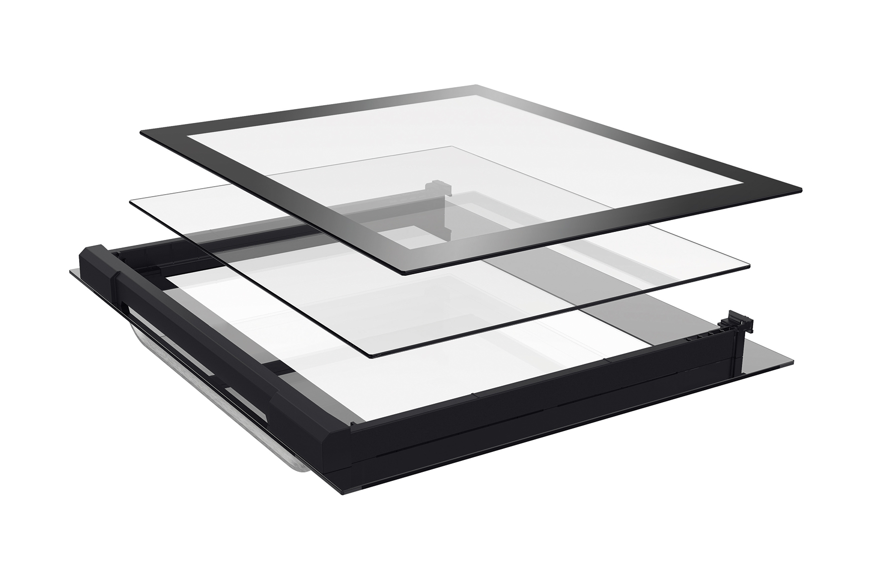 Ein zerlegtes Dachfenster mit Glasscheiben und schwarzem Rahmen.