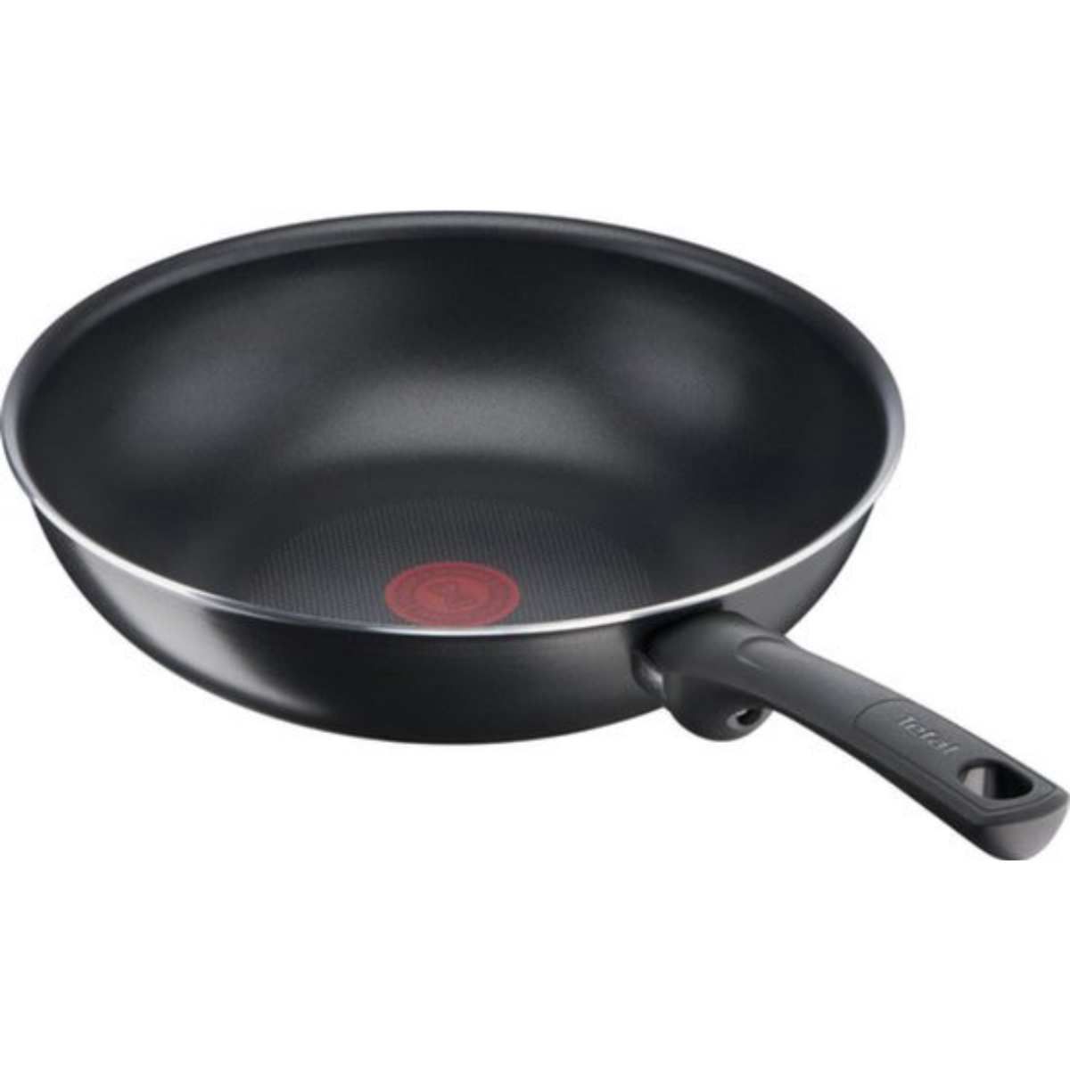 Une poêle wok noire avec une poignée, un point rouge et un bord argenté.