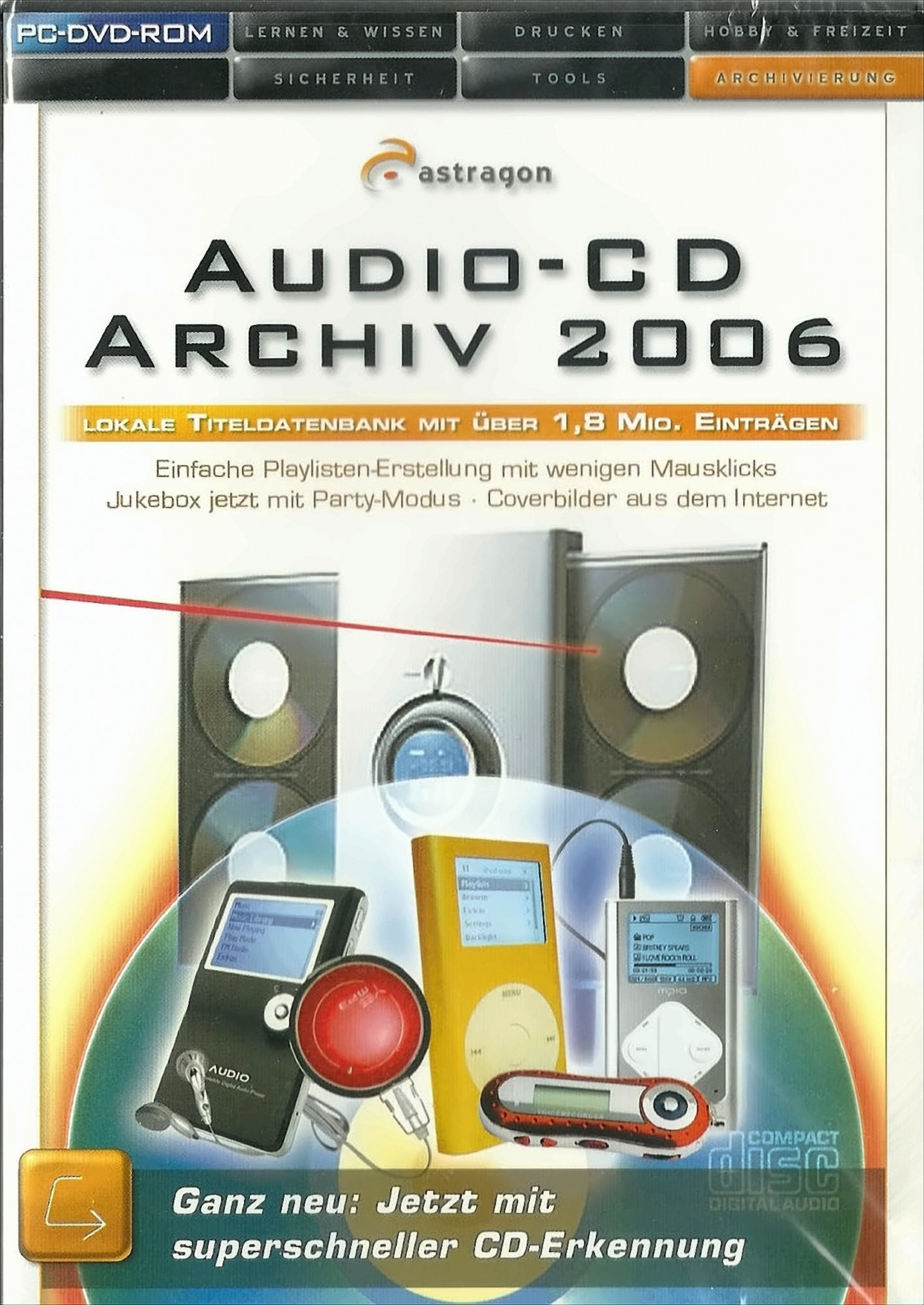 Ein Spielcover mit verschiedenen MP3-Playern und einem Disc-Case, mit Text auf Deutsch.