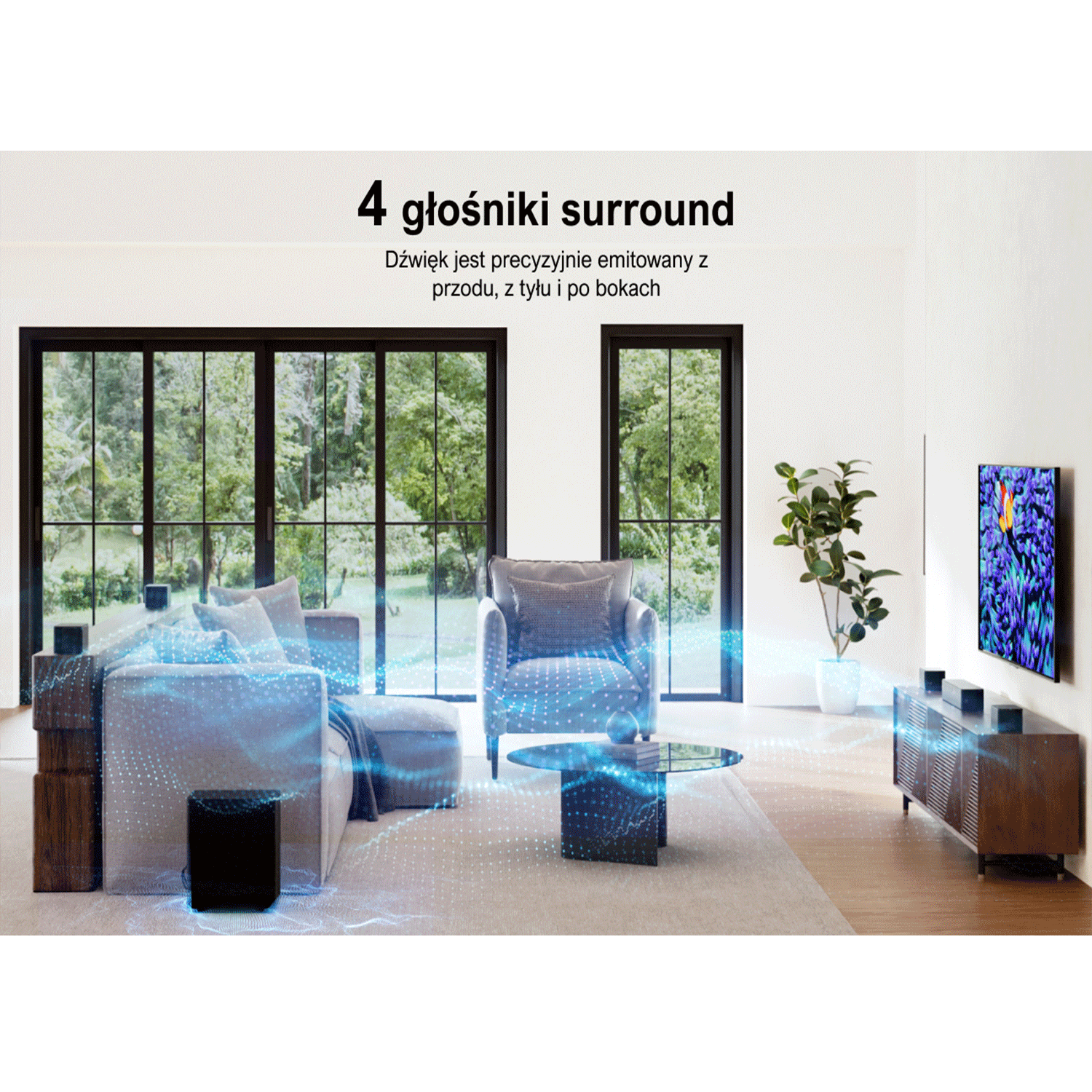 Salon z głośnikami i dużym telewizorem. Jasnoniebieskie wiązki promieniują z głośników.