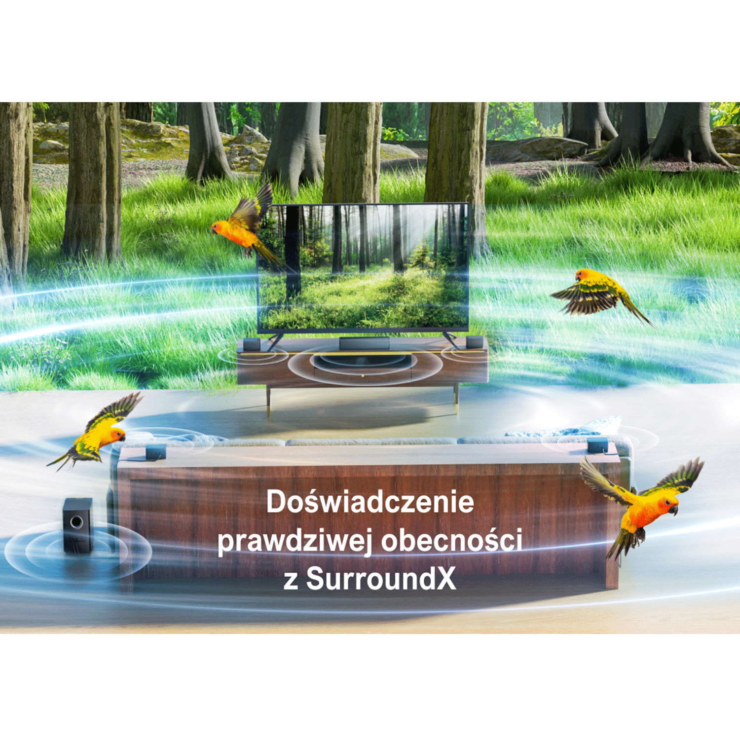 Salon z dużym telewizorem, systemem nagłośnienia i ptakami. Tekst mówi Doświadczenie prawdziwej obecności z SurroundX.