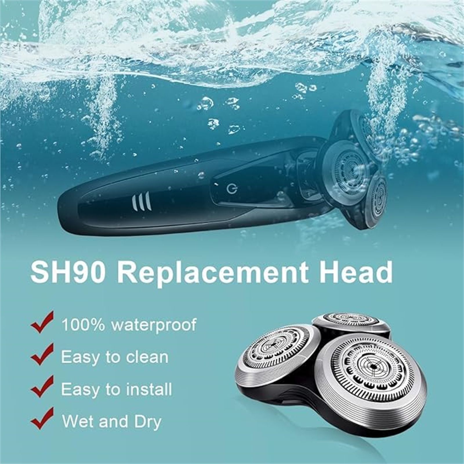 Elektrorasiererkopf im Wasser, mit dem Text SH90 Replacement Head. Drei Häkchen darunter. Blauer Hintergrund.