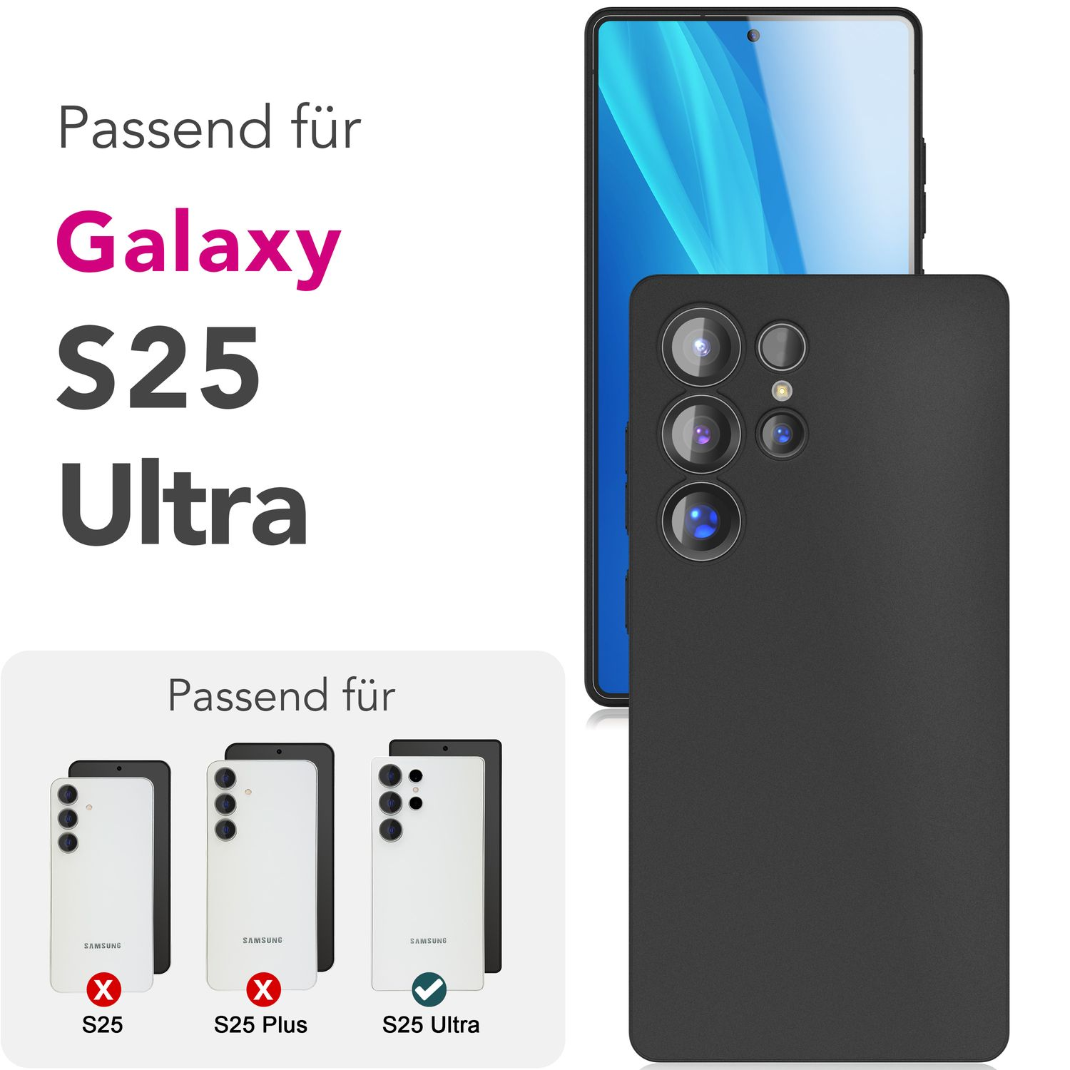 Eine Telefonhülle mit einem Telefon im Hintergrund und Beispielen des Telefonmodells auf der linken Seite.