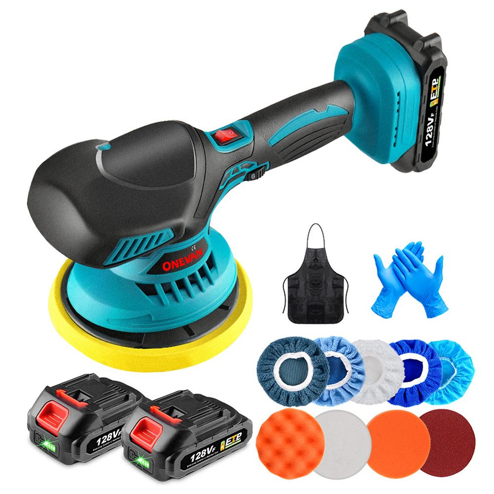 Akku-Poliermaschine mit Zubehör, einschließlich Batterien, Pads, Handschuhen und einer Schürze.