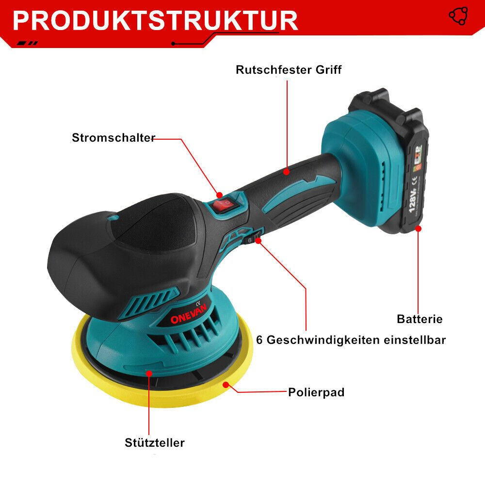 Elektrische Poliermaschine mit Etiketten. Roter Ein/Aus-Knopf, blaues/schwarzes Gehäuse, gelbes Pad.