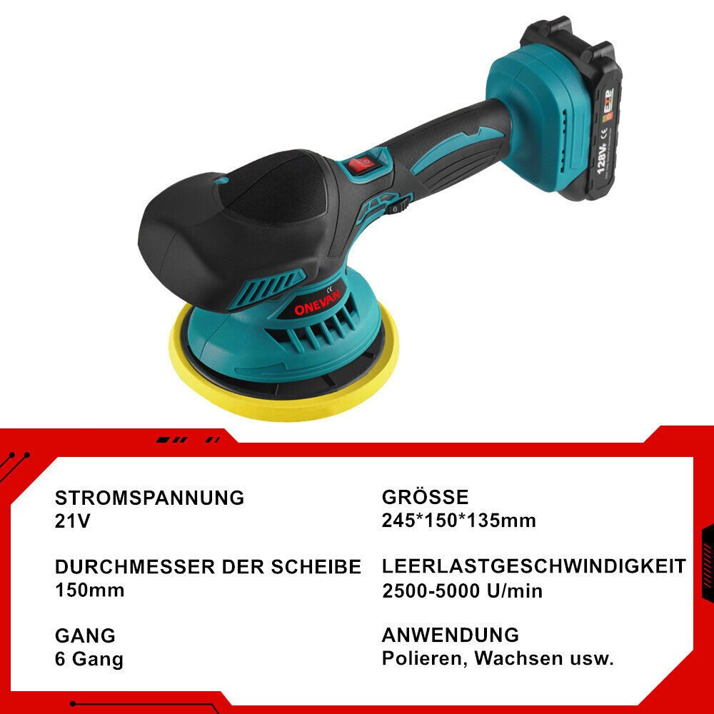 Nahaufnahme einer Poliermaschine mit technischen Details auf Deutsch, einschließlich Spannung und Geschwindigkeit.