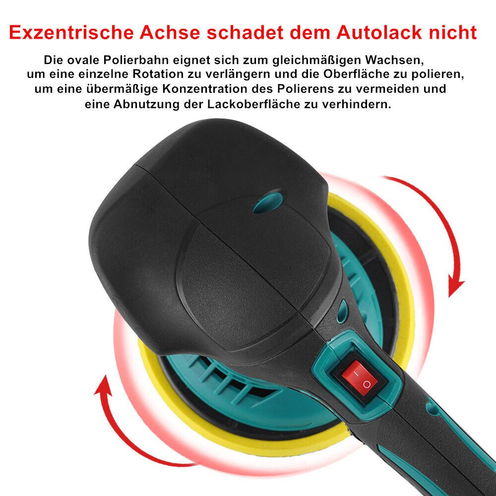 Ein schwarzes und blaugrünes Polierwerkzeug mit rotem Schalter. Das Werkzeug ist eingeschaltet und hat ein gelbes Pad.