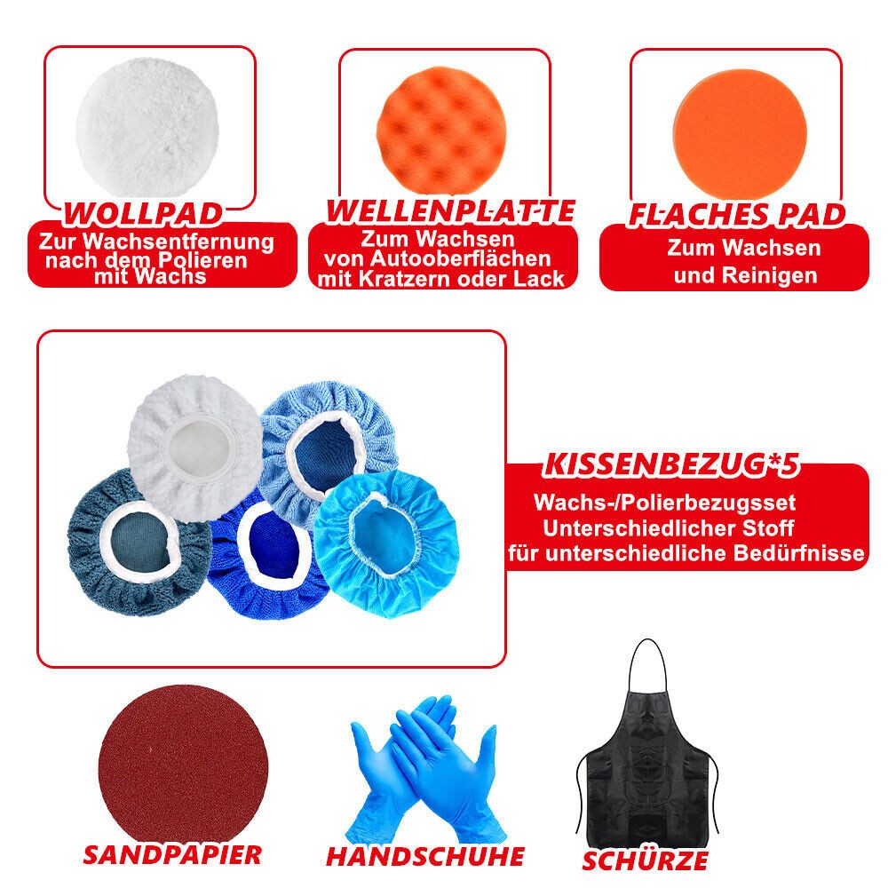 Zubehör: Pads zum Wachsen, Reinigen und Polieren; Schleifpapier, Handschuhe und eine Schürze.