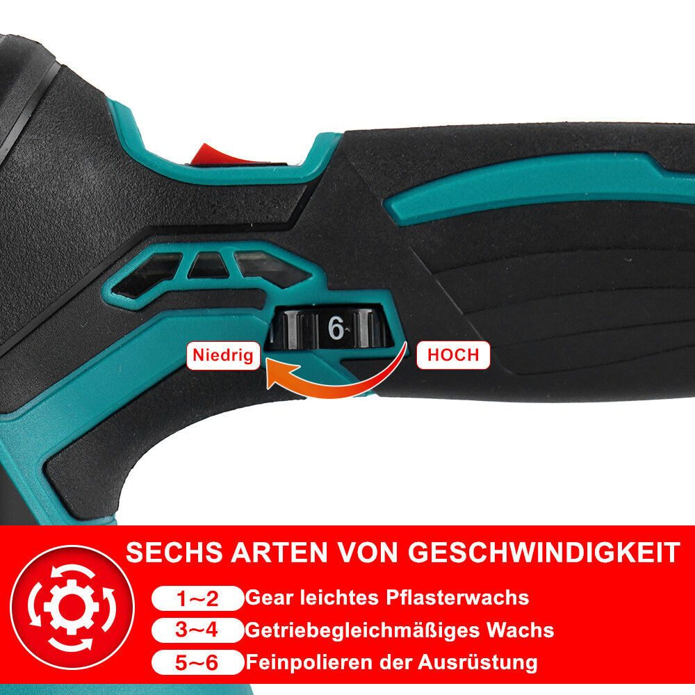 Nahaufnahme des Geschwindigkeitswahlrads einer Poliermaschine mit Einstellungen von niedrig bis hoch.
