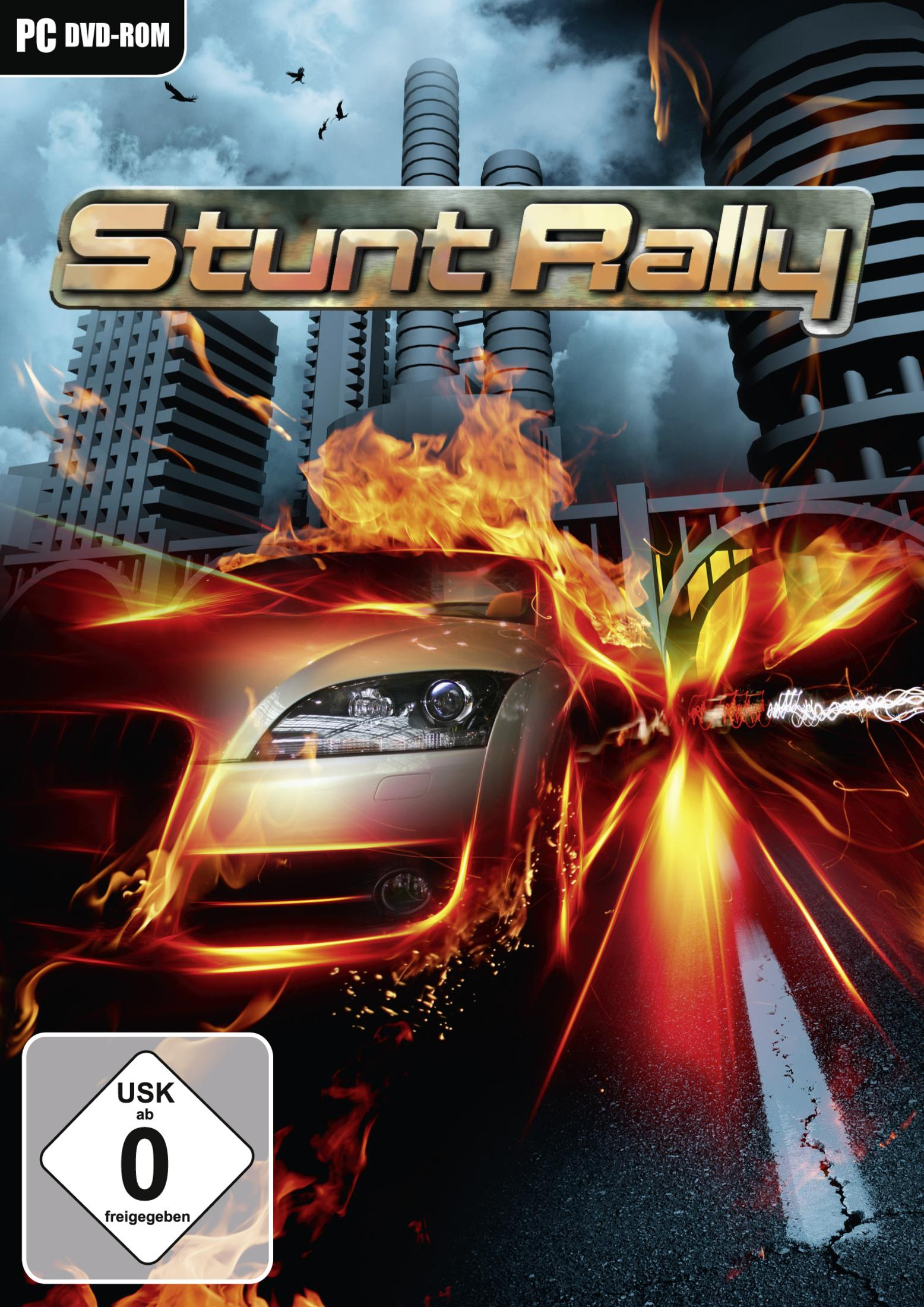 Spiel-Cover: Stunt Rally, ein brennendes Auto, mit Wolkenkratzern im Hintergrund.