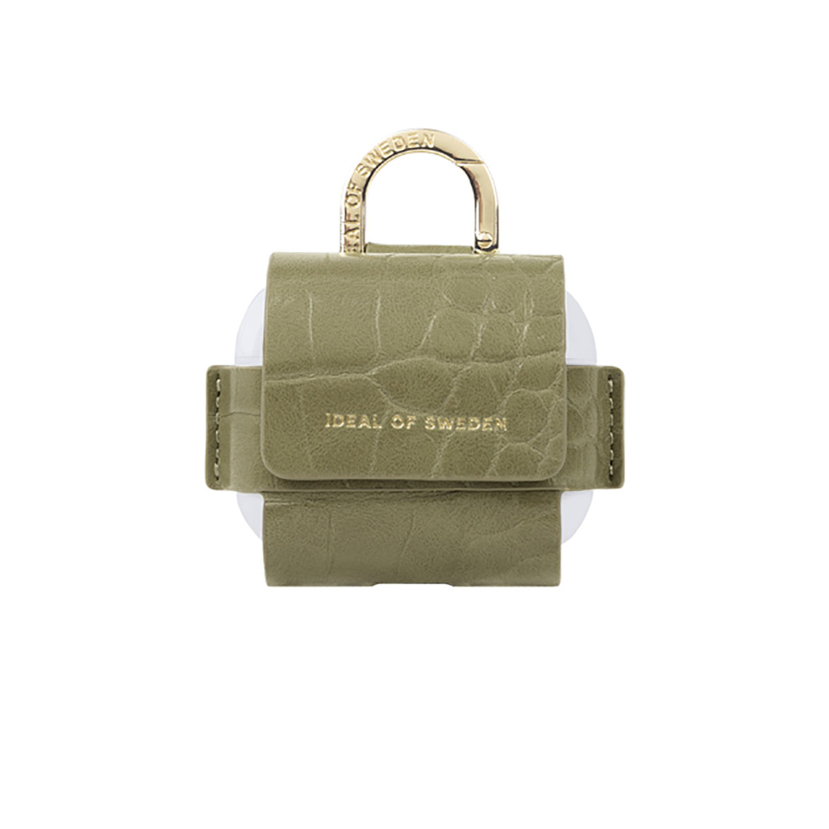 Funda verde oliva, dice Ideal of Sweden, con anillo dorado, para AirPods Gen 3.