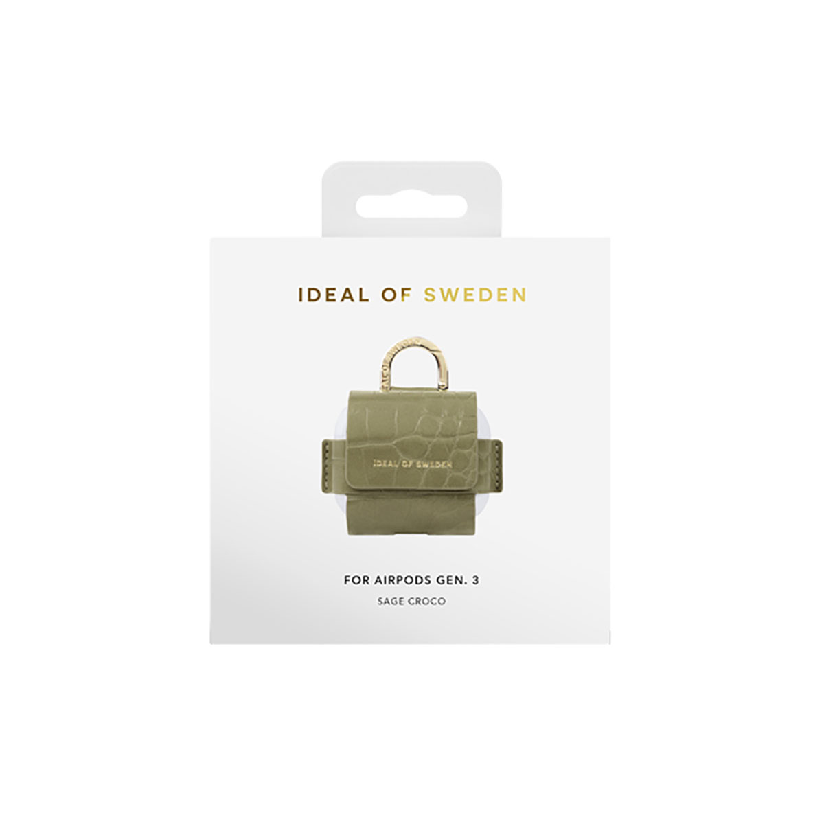 Caja blanca con una funda verde para AirPods, dice Ideal of Sweden y Sage Croco.