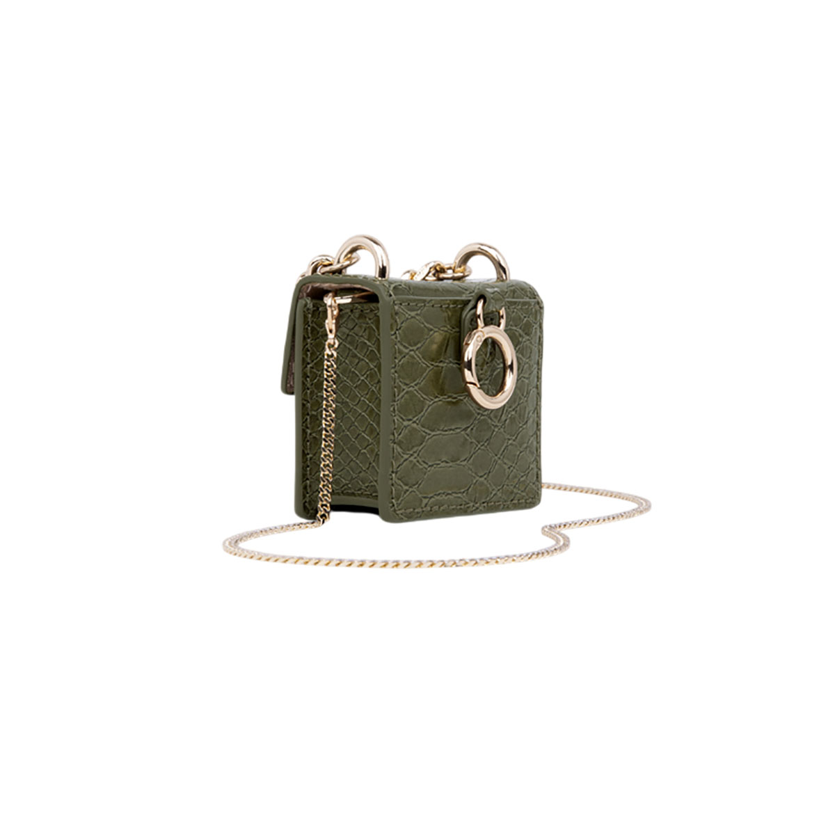 Funda verde para AirPods con cadena dorada y cierre de anillo. Ideal of Sweden.