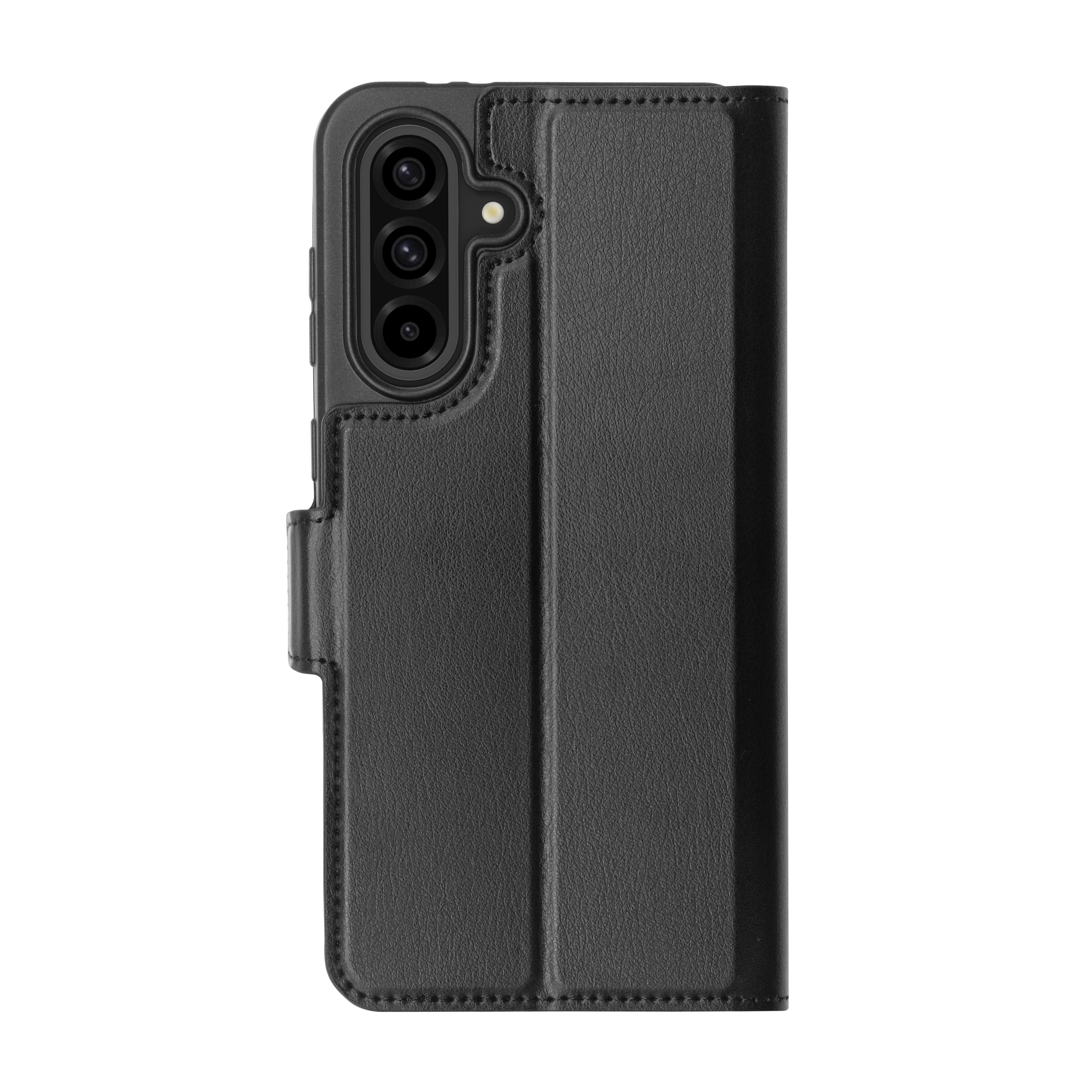 Custodia per telefono nera, aperta, con un telefono all'interno.