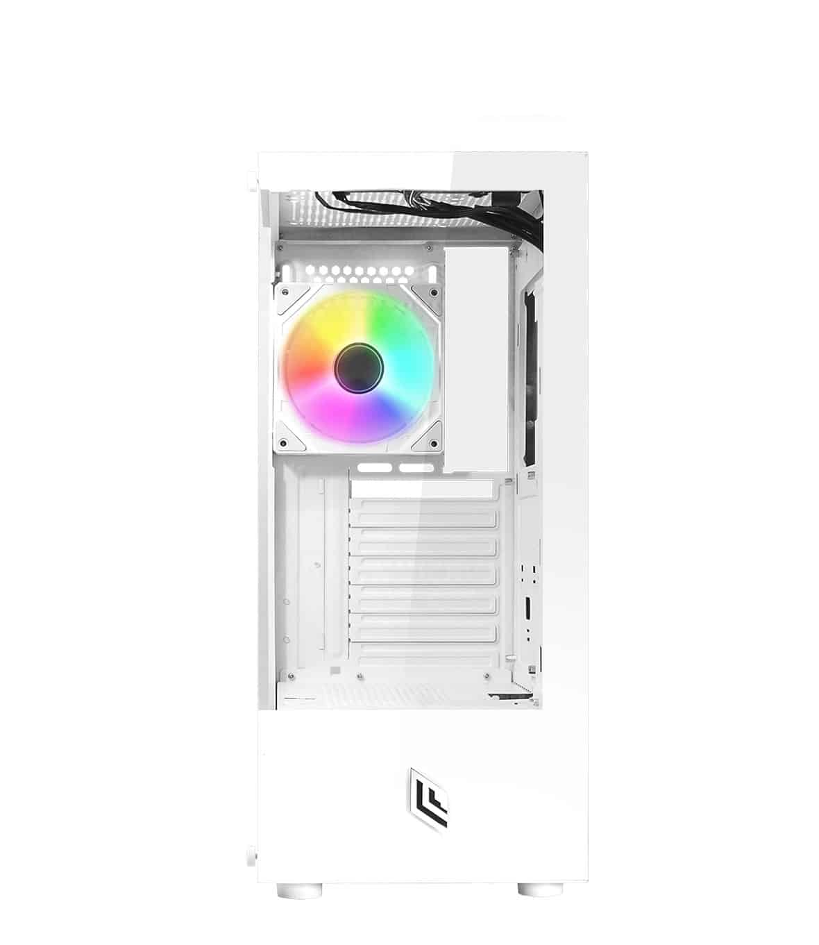 Case per computer bianco, aperto, con una ventola colorata.