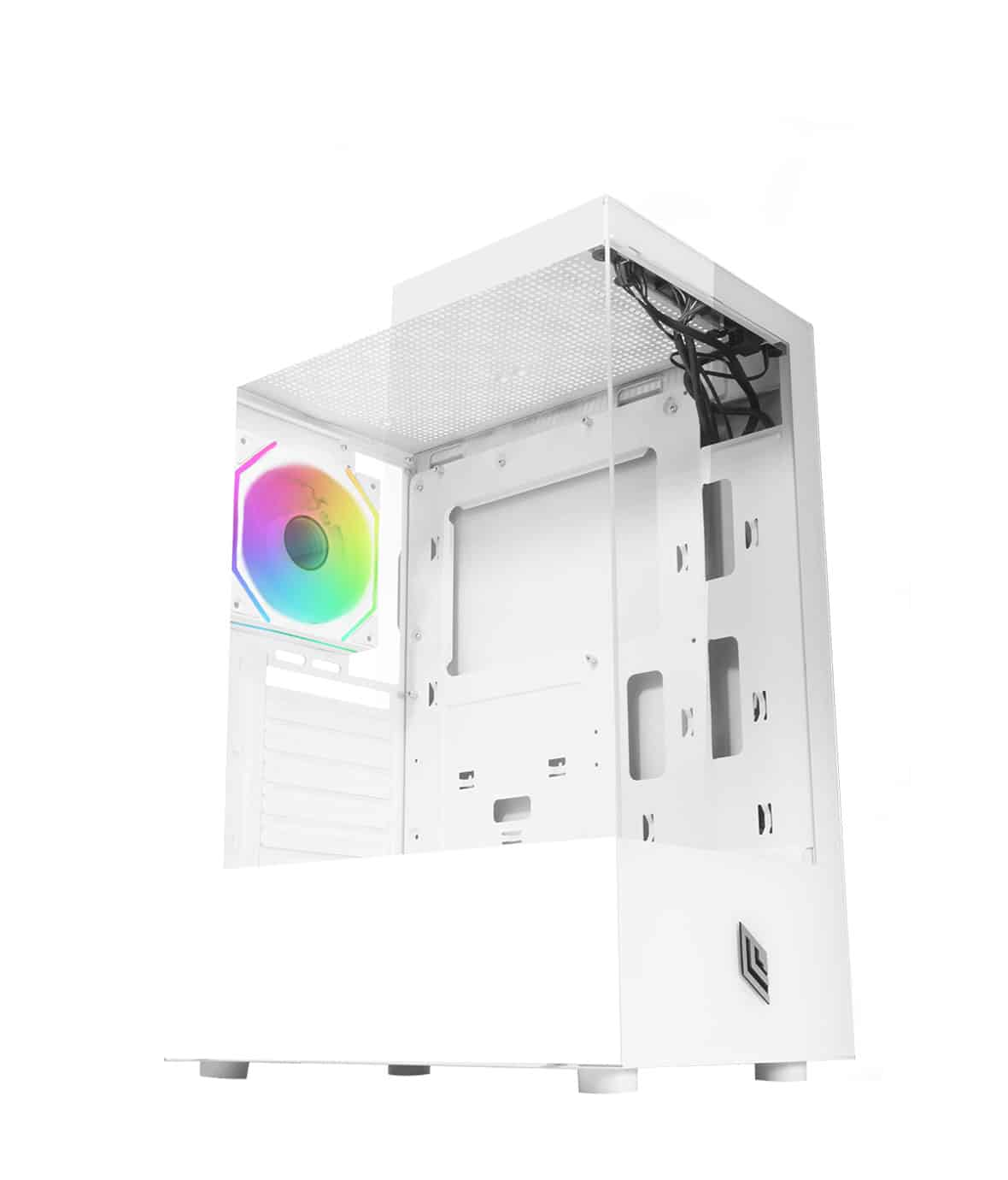 Case PC bianco con ventola arcobaleno. Lato aperto mostra i componenti interni.