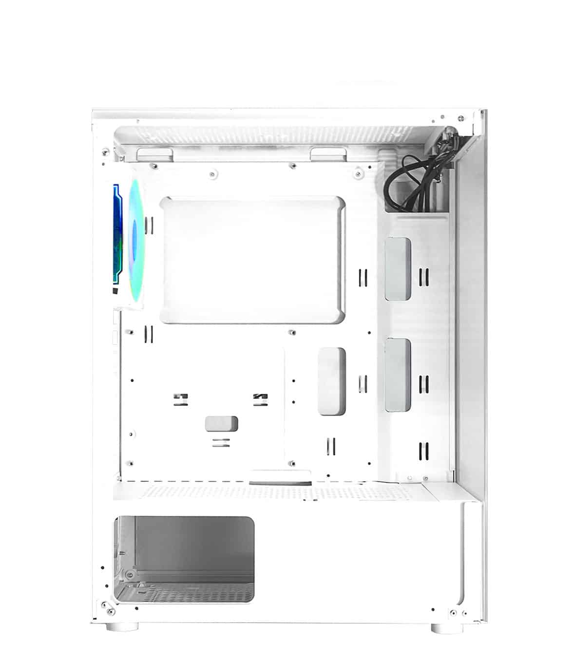 Case per computer bianco, aperto, che mostra la struttura interna e la disposizione dei componenti.
