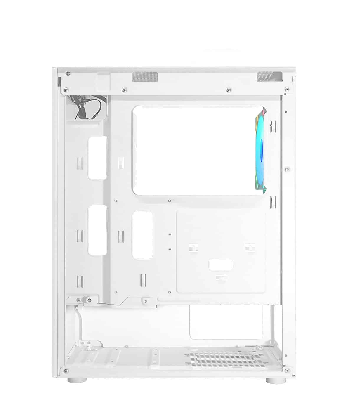 Vista laterale del case per computer bianco. Superficie bianca semplice. Sfondo bianco.