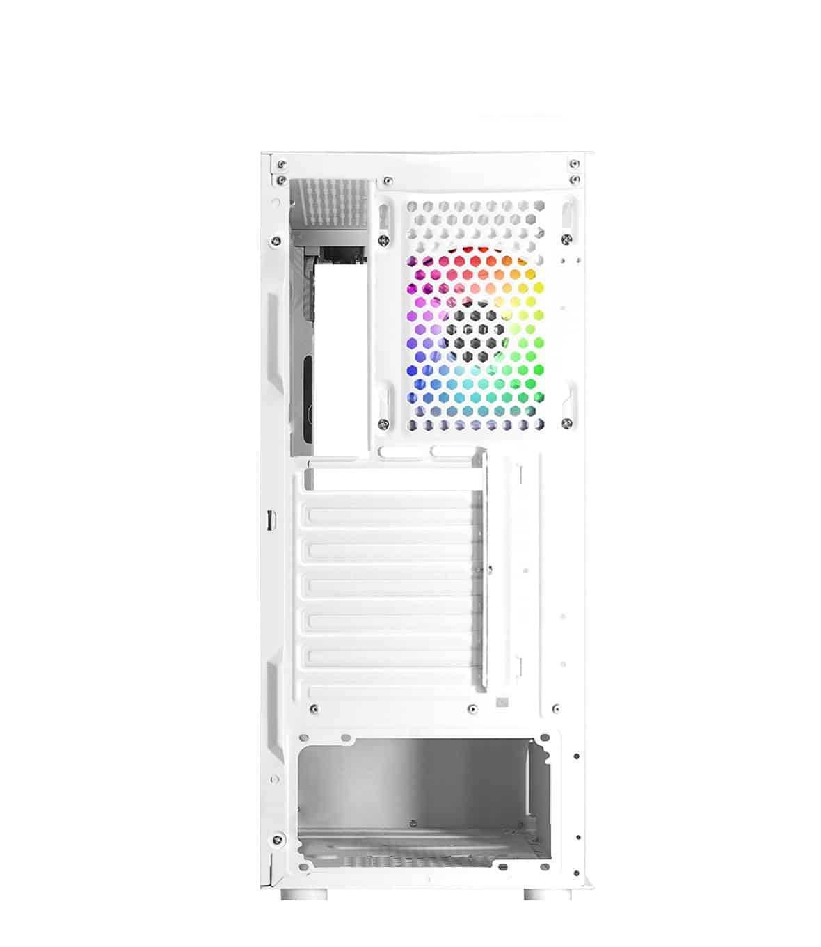 Case per computer bianco, aperto, con una ventola colorata nella parte posteriore.