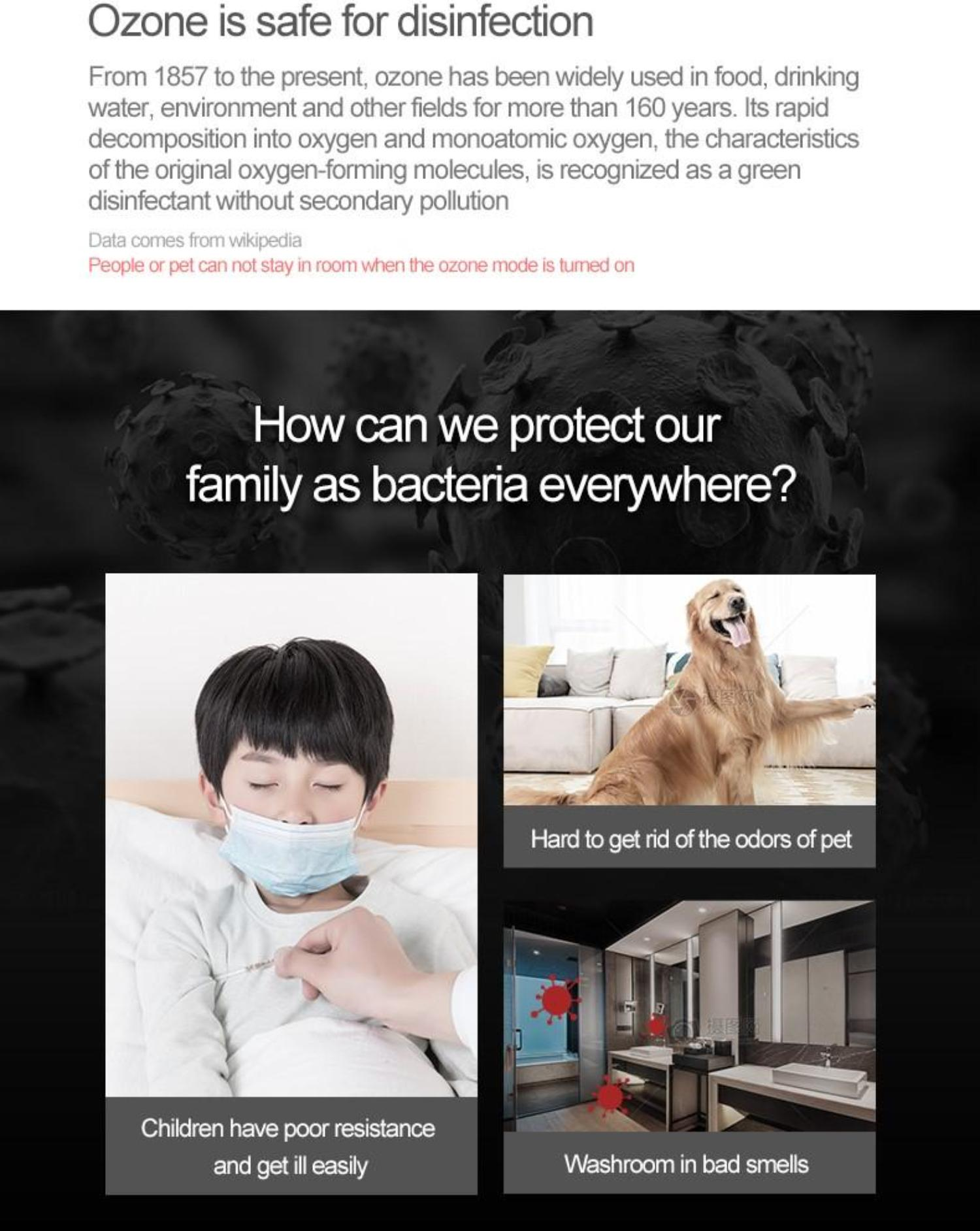 Junge im Bett mit Gesichtsmaske, ein Hund und ein schlechter Geruch im Badezimmer, mit Text zur Desinfektion.