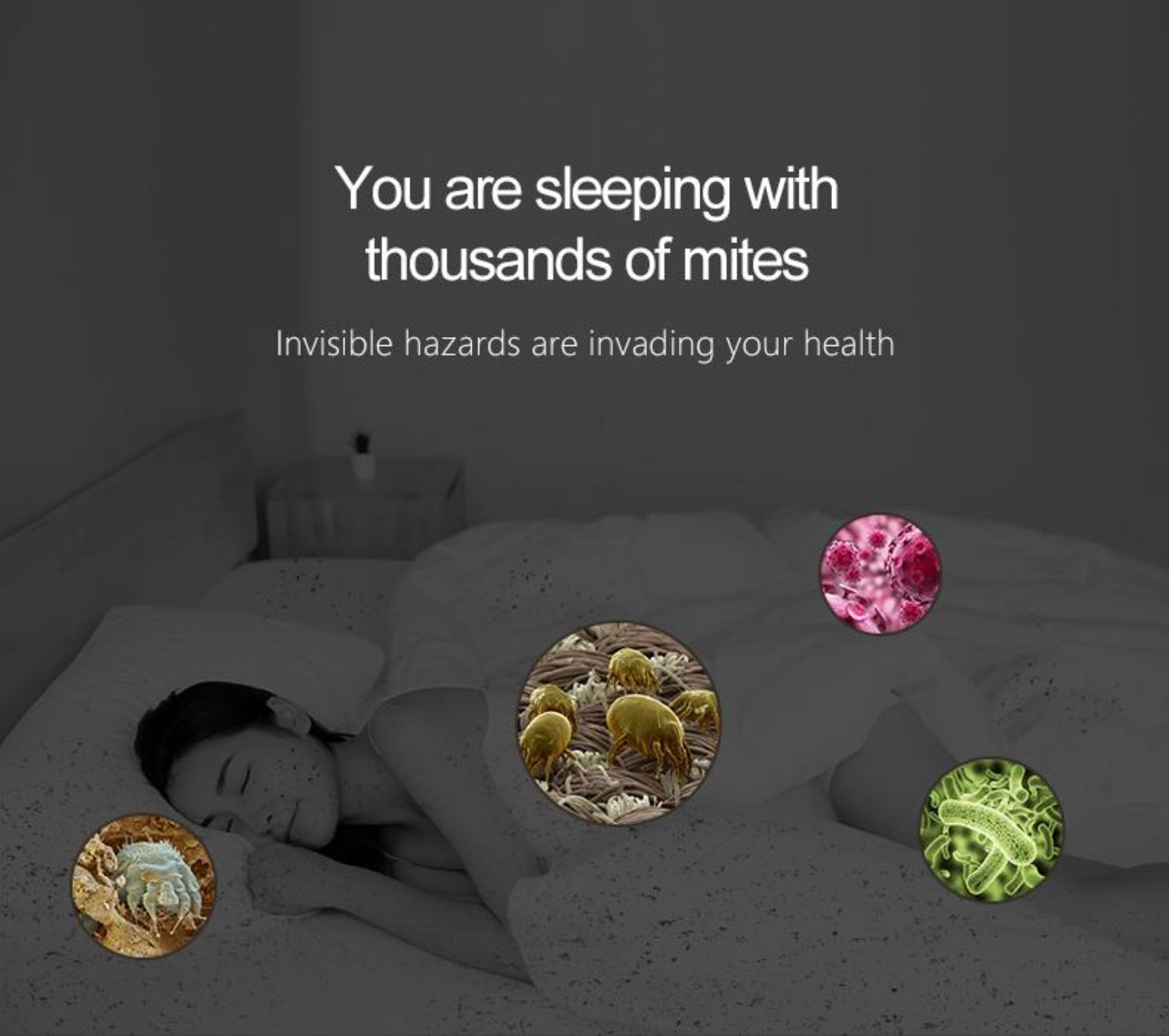 Person schläft im Bett, mit sichtbaren Milben und Text über unsichtbare Gefahren und Gesundheit.
