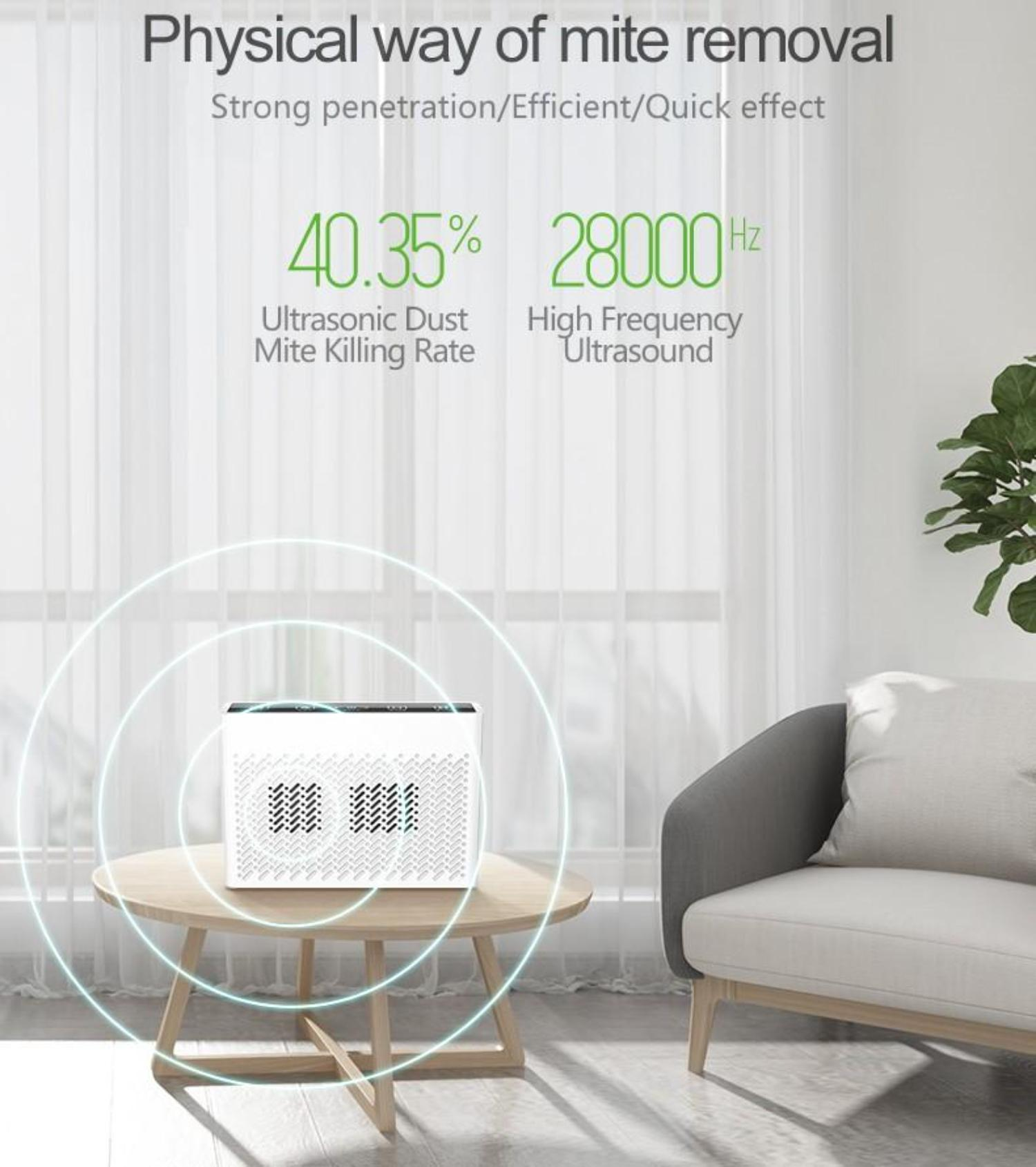 Luftreiniger auf einem Tisch, mit Text über Milbenabtötungsrate und hochfrequentem Ultraschall.