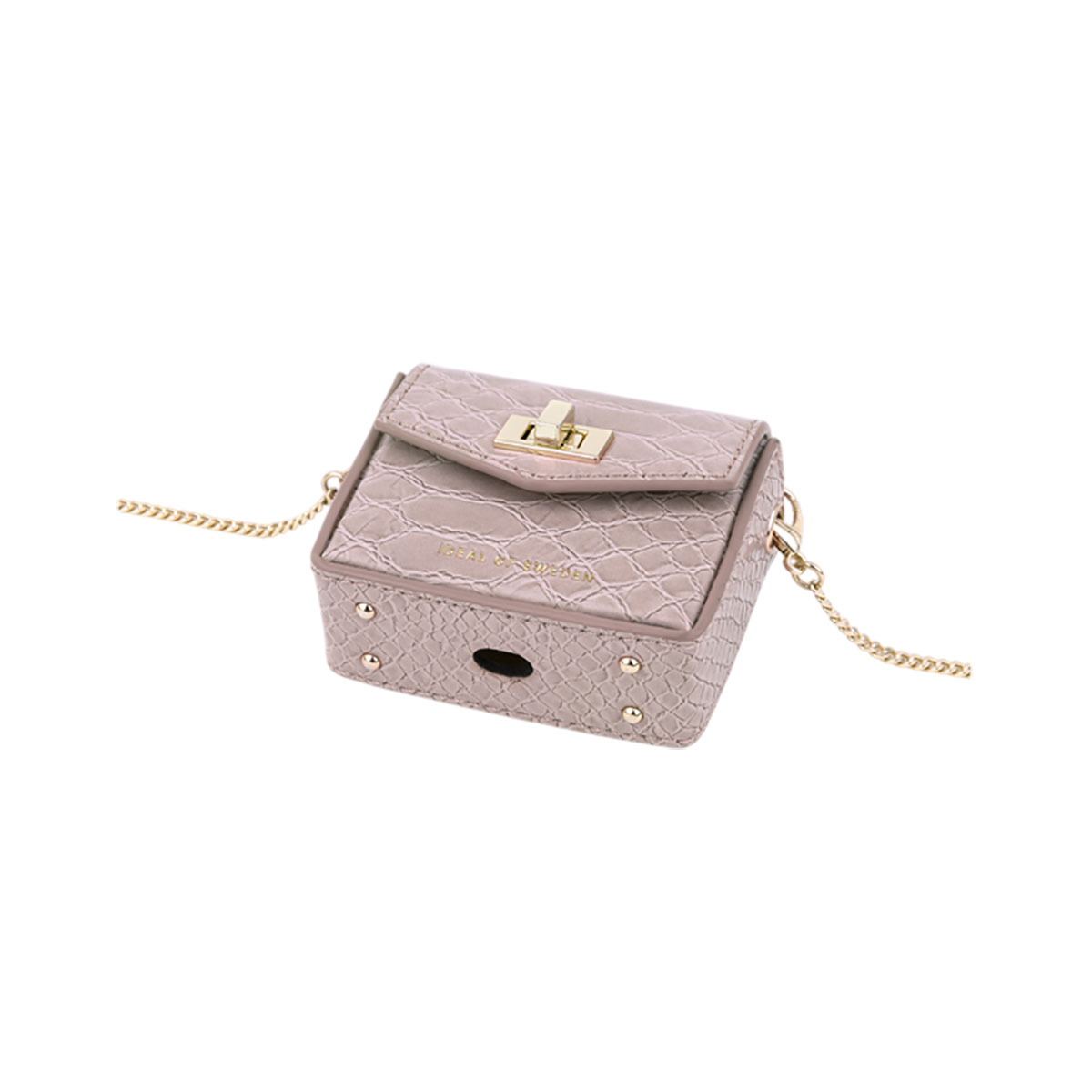 Funda AirPod beige texturizada con herrajes dorados, logotipo Ideal of Sweden.