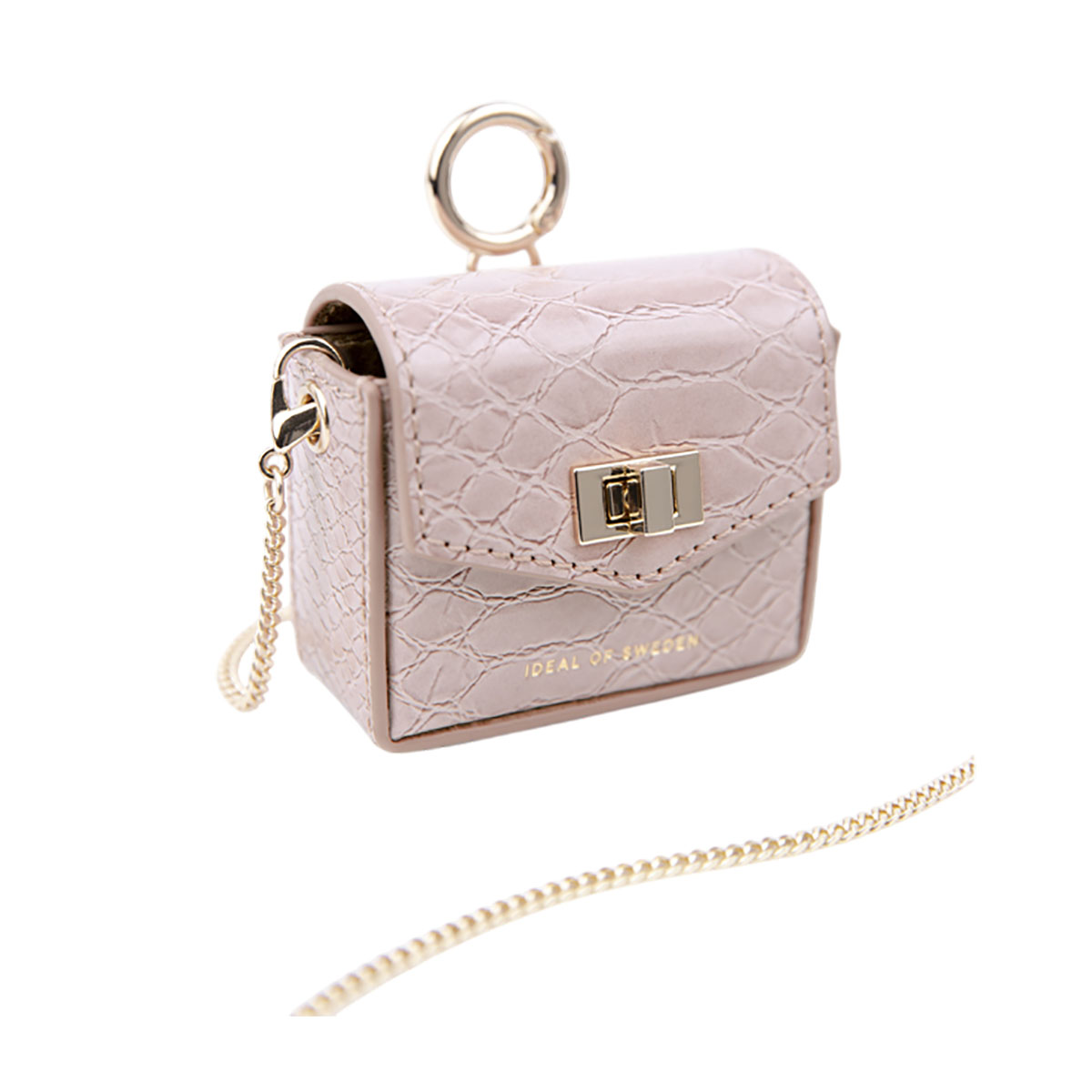 Funda AirPod rosa texturizada con cadena dorada. Cierre dorado, marca Ideal of Sweden.