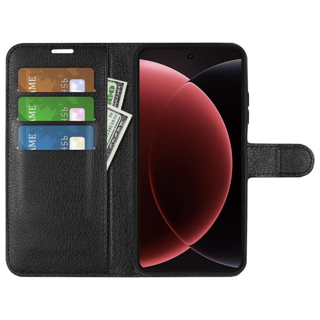 Een zwarte telefoonhoes met creditcards en geld, met de telefoon erin.